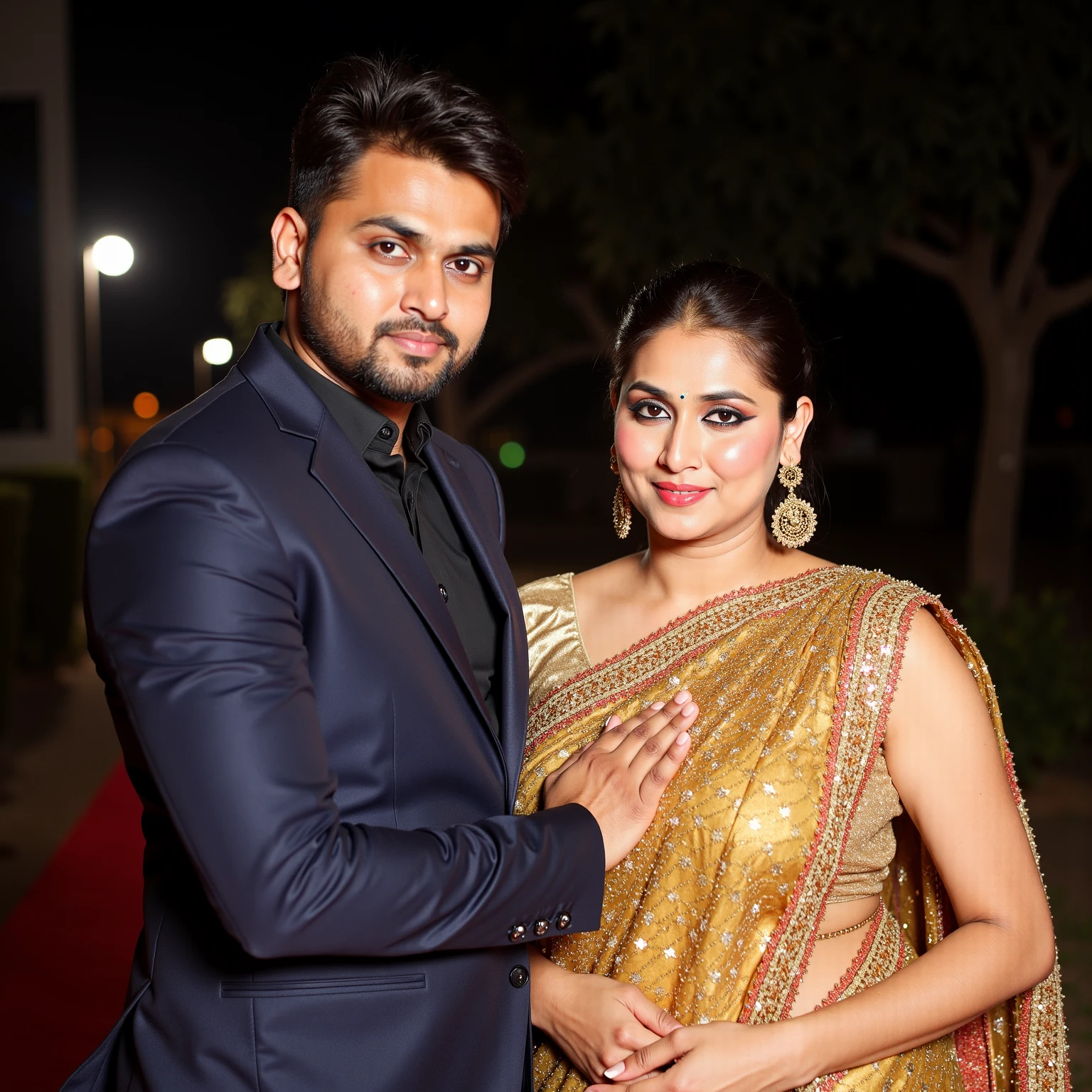 create a doodle about a tamil bride and groom with a dusky skin tone along with dress codes for groom in navy blue suite and the bride in lehanga its top in maroon colour and its bottom peacock blue.