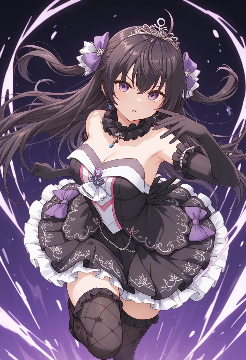 A horny excited maid blushing. black long hair and purple eyes. Boku no Hero Academia Art Style. Purple Background with much money and gold.