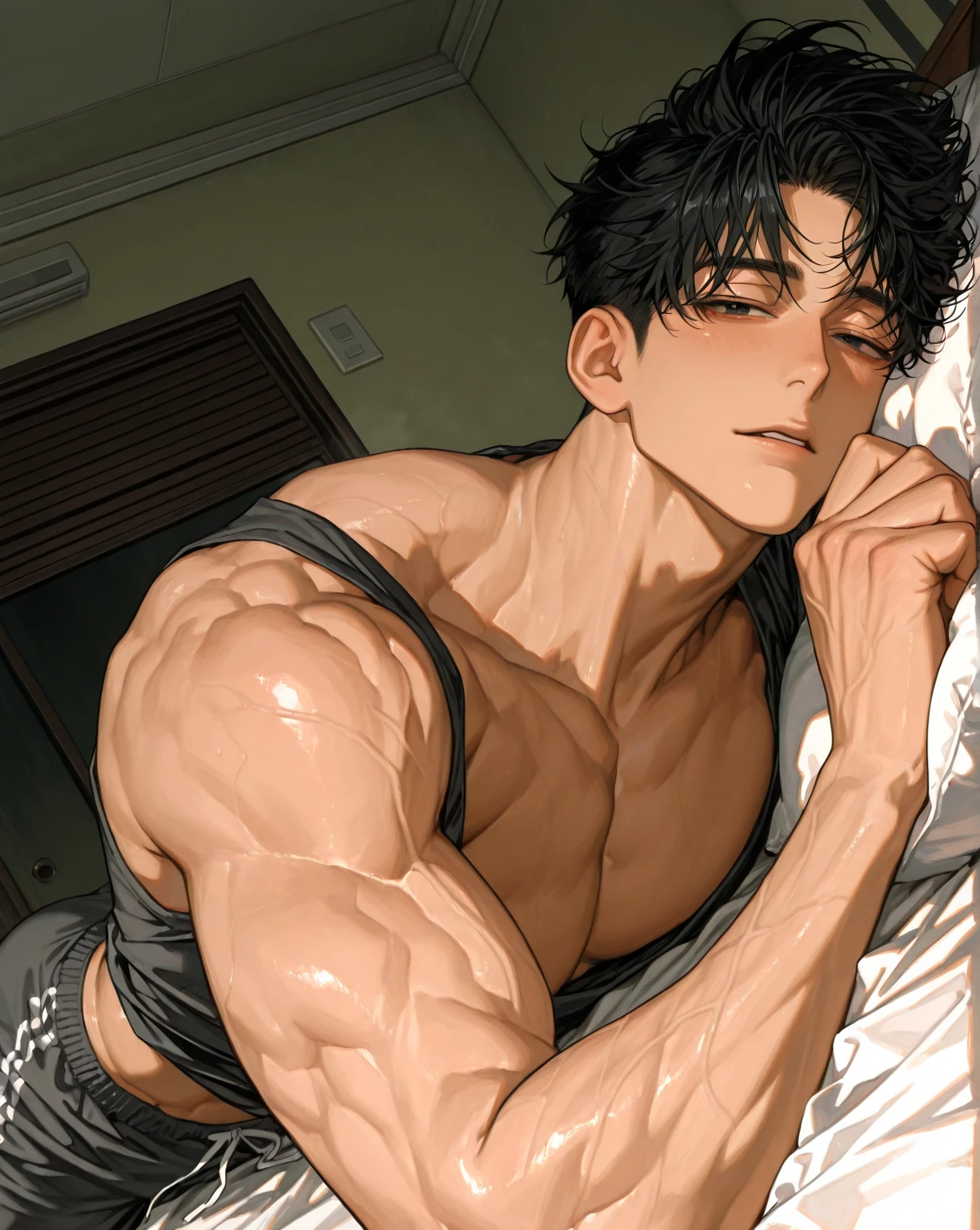 (absurd, high resolution, Extremely detailed),1 man, Mature and handsome man, Blushing smile,Seductive expression, Solitary, muscular, Muscle Man, High target, handsome guy, Big biceps, Abdominal muscles, thigh, Broad shoulders, Open the chest,(((Big bulge}}}Black short hair,sweat, Sweaty hair, Shirtless, Sit on the bed and relax, Black shorts, Viewers Watching, high resolution:1.2, best quality, Upper body shooting, Flat style, Ambiguous room background, Low photographic angle, Volumetric Lighting, Depth of Field, shadow,Romantic environment
