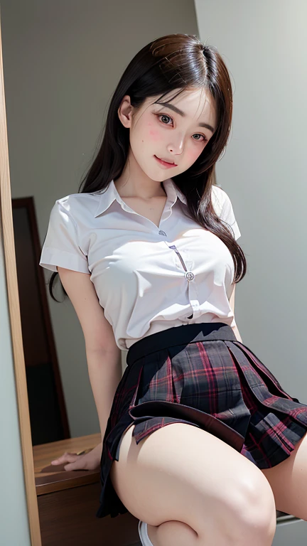 1 young girl,very cute and beautiful japanese teen actress,highly detailed beautiful face,
white blouse,plaid vest,looking at viewer,smile,solo,
sitting on bed sheet,spread legs,pleated black mini skirt,
hotel room in tokyo,gorgeous furnitures,window,town view,real person,photorealistic,8k,raw photo,