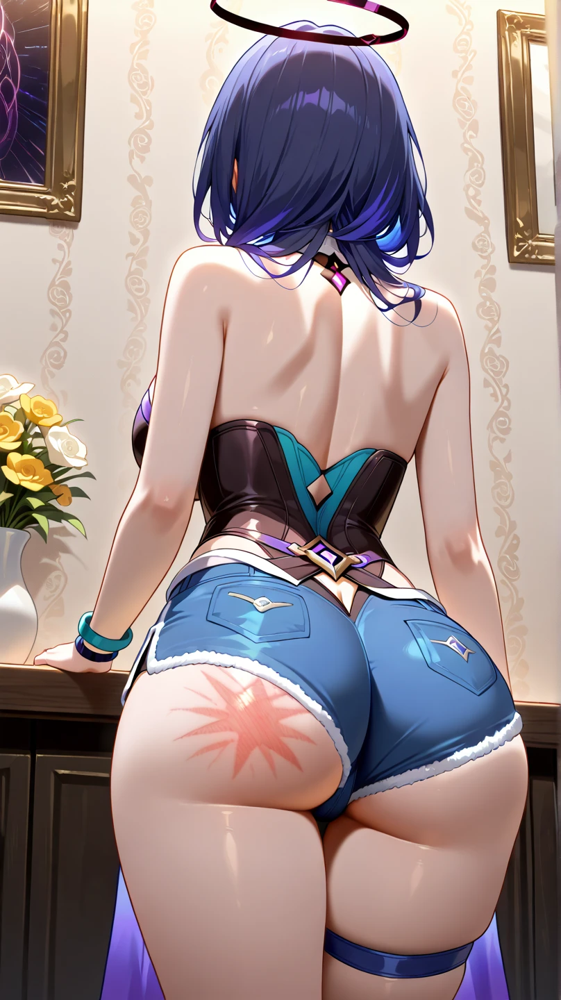 ((my little pony)), solo, ((seductive costume)), beautiful body, ((before sex)), high detailed, 4K, (perky butt), behind view, (short cute dress), beautiful medium-large breasts, (((shining armor))), (all cosmetic), (((beautiful detailed flowers tattoo))), ((dripping)), ((wide big fishnet tights)), ((thigh matte white panties))