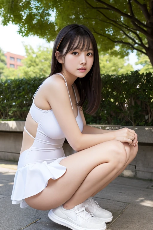 Tabletop, highest quality, Showing off her white panties1.6Crouching figure, Very detailed, In detail, High resolution, 8k wallpaper, Perfect dynamic composition, Beautiful fine details , Pool, Sexy Face