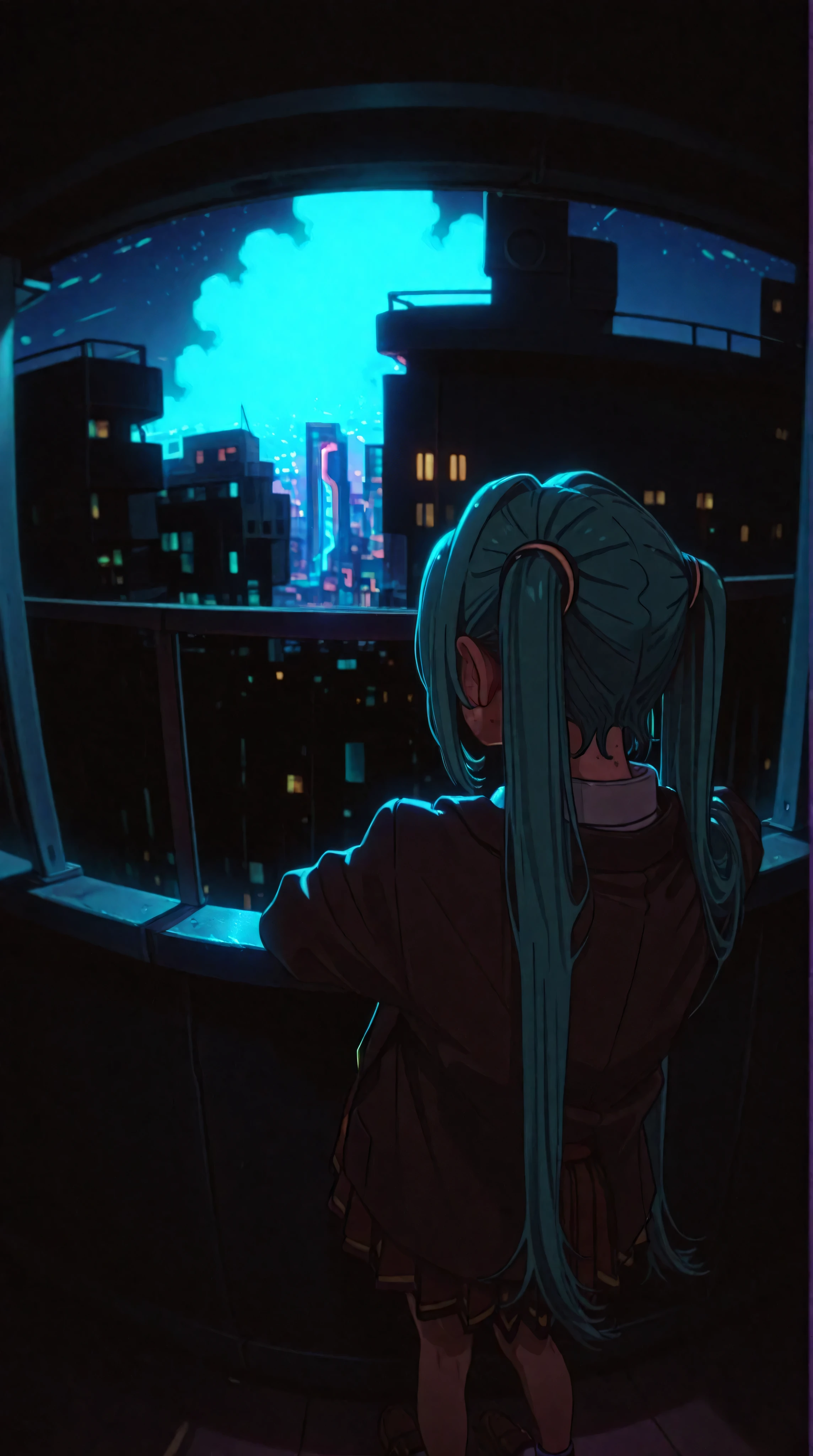 1girl, looking at the sky, crossed arms, back shot, arms on balcony, night city background, cinematic, HDR,ultra-detailed, professionally-shot, moody atmosphere,neon city lights, glowing skyscrapers, illuminated cityscape, atmospheric night scene, face fix, hatsune miku, very long hair, twintails, bangs, hair between eyes, medical eyepatch, freckles, school uniform, collared shirt, necktie, jacket, open jacket, long sleeves, pleated skirt, loafers, socks