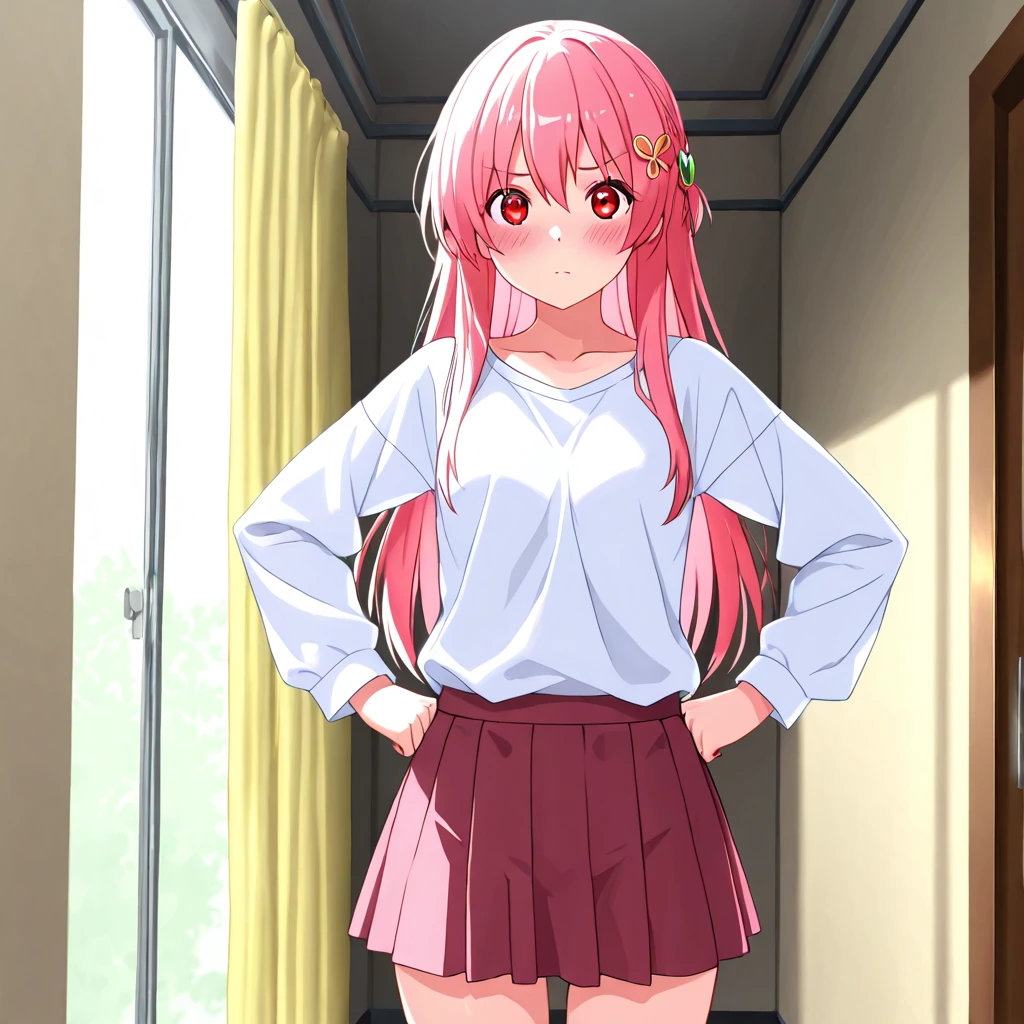 (extremely detailed CG unity 8k wallpaper),(masterpiece),(best quality),(ultra-detailed),(best illustration),(best shadow),(absurdres), Remi, 1girl, solo, closed eyes, open mouth, smile, school uniform, portrait, pink hair, red hair, bangs, bow, twintails, red bow, shirt, collared shirt, long hair, cowboy shot, anime coloring, (white panties:1.3)、(Skirt that rolls up:1.3)、(Fully exposed panties:1.5)、underboob grab the ass