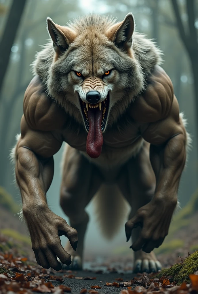 hyper realistic painting, highly detailed portrait of a hybrid wolf-human creature, striking piercing eyes, sharp fangs, rugged facial features, fur covering parts of the face, pointed ears, intense gaze, strong muscular body, dynamic pose, dramatic lighting, chiaroscuro, cinematic composition, muted color palette, moody atmosphere, (best quality,4k,8k,highres,masterpiece:1.2),ultra-detailed,(realistic,photorealistic,photo-realistic:1.37)