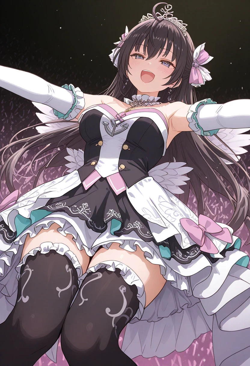 (1 girl),((high quality)), ((High resolution)), ((Very detailed)), (8k),(CG)、(Cute Bra)、(Cute Panties)、(Knee-high stockings)、Long Hand Gloves、Neutral white lighting,Sexy pose、Messy Hair、Hands behind the head、