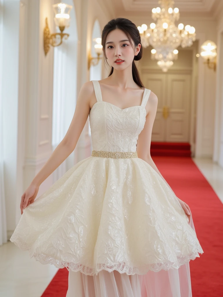 A beauty woman in a fantastic space., White and gold tight micro dress., 98k, {{Masterpiece}}, Best Quality, high quality:1.4), {{[[front look}}, Look like_contact, Various poses)]], very pretty face, and very pretty Look likes, pretty pictures, beautiful images, {{whole whole body}}, {{{{{{{{long legs}}}}}}}}, {{{{slim and sexy body}}}}, {{{{{{tall woman}}}}}}, {{177 cm tall}}, Alone, beautiful, beautiful, adorable, pale skin, {{German girl from 18 to 22 years old.}}, look beautiful German girl and blue Look likes or green Look likes with platinum blonde hair color), Nordic German girl, {{{{{{{{{{whole body}}}}}}}}}}, {{{{{{{{{{high_heels}}}}}}}}}},