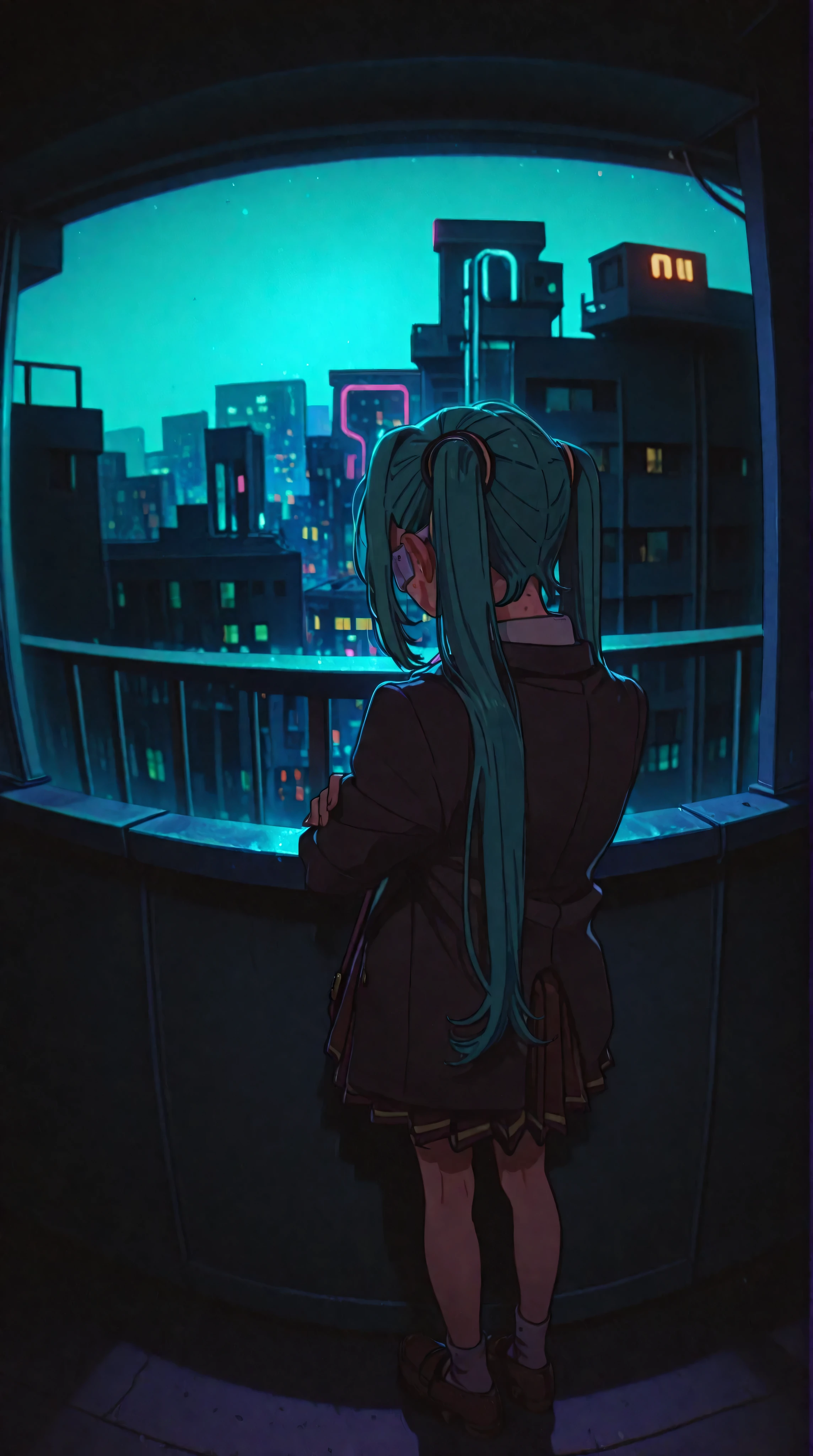 1girl, looking at the sky, crossed arms, back shot, arms on balcony, night city background, cinematic, HDR,ultra-detailed, professionally-shot, moody atmosphere,neon city lights, glowing skyscrapers, illuminated cityscape, atmospheric night scene, face fix, hatsune miku, very long hair, twintails, bangs, hair between eyes, medical eyepatch, freckles, school uniform, collared shirt, necktie, jacket, open jacket, long sleeves, pleated skirt, loafers, socks