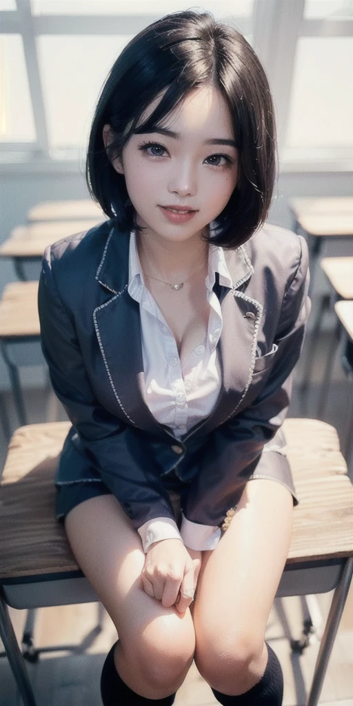 8K original photo, high resolution, 21 year old handsome Korean, big round breasts, , tie, tie ribbon, blazer, skirt, Beautiful eyes in detail, long eyelashes, Your double eyelids are pretty, eye shadow, Slit eye, Sanpaku eyes, dark eye makeup, evil smile, Your thin legs are pretty, Short hair pulled back, earring, school classroom