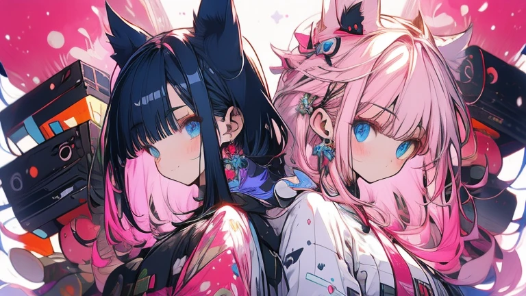 A friendly duo，making a peace sign，The first person is a handsome boy with long, curly blue hair.，The second person is a cute, beautiful girl with long pink hair and bunny ears.，Raw clothing，Both are high school students，18-year-old，A good friend