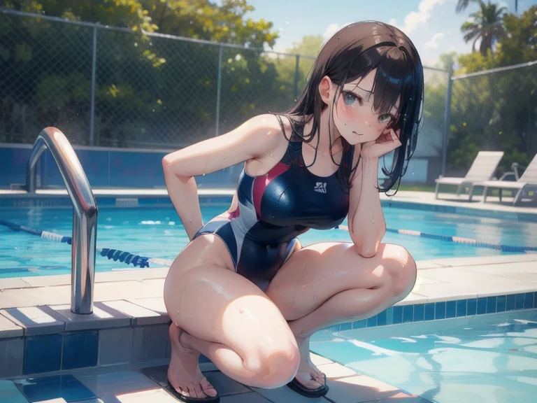 ultra-Top-quality by art God, ultra-detailed, high resolution, shinkai makoto style, anime moe artstyle, best anime 8k konachan wallpaper, pixiv contest winner, perfect anatomy, break,(Please draw a picture of a girl in a swimsuit sitting on a bench by the poolside alone.),break, a hyperrealistic school girl, parted lips, (Solo,lolita, , 13-year-old:1.3),Full limbs, complete fingers, androgynous charm, very long hair, wet hair, small breasts,slender body, Small butt, groin, Small black eyes,hanme,beautiful detailed eyes, well-proportioned iris and pupils, sleepily, highres detailed hair, swimsuit, wet swimsuit, bare shoulders, thighs, in the school pool. break,super detailed skin, shiny skin, Best lighting powered by famous artist, 8k, illustration,UHD, textured skin,break,((artist:toosaka_asagi )), artist:clamp ,artist:carnelian ,artist:kantoku ,