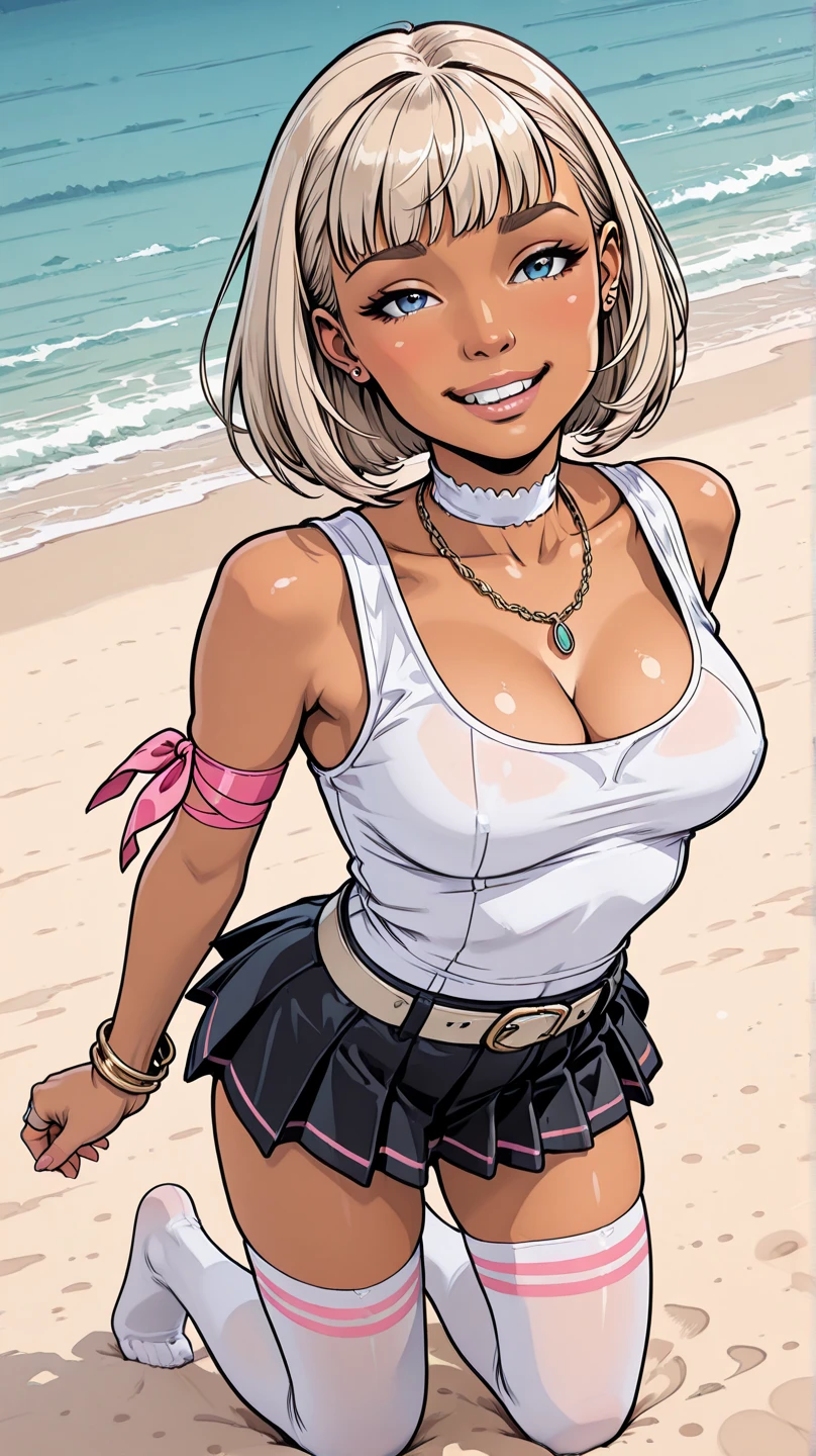 (obra off arte, offficial art), 1 girls, standing alone, White hair, eyes browns, short messy hair, Coque off cabelo, torn apart \(garter_off_subtitles\), (using bandages, strapless, waist belt), (close up), portraite, (Breasts huge), (at beach), looking ahead at viewer, (trunk), ssmile, seducer, attractive costume, curved, muscular female, abdomen