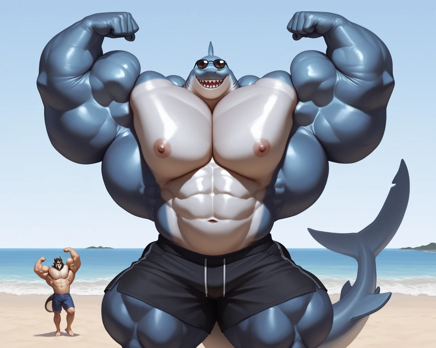 ((best quality)), ((masterpiece)), (detailed), perfect face, Bara Furry, Anthropomorphic Shark, Older man, Daddy, DILF, big pecs, broad shoulders, sculpted abs, defined abdominal muscles, thick thighs, big biceps, beach scene, location based on Kennebunkport, Maine, location based on Wells, Maine, location based on Ocean City, Maryland, location based on location based on bar harbor, maine, back turned away from viewer, ass dangerously close to viewer, Bubble Butt, extra scaly ass, sweaty ass, lifeguard on duty, sweat stains on speedo, looking back at viewer, Toothy smirk, perfect shading, soft shading, soft colors, vivid colors, pastel colors, dynamic lighting, in line, at a fry shop, boardwalk