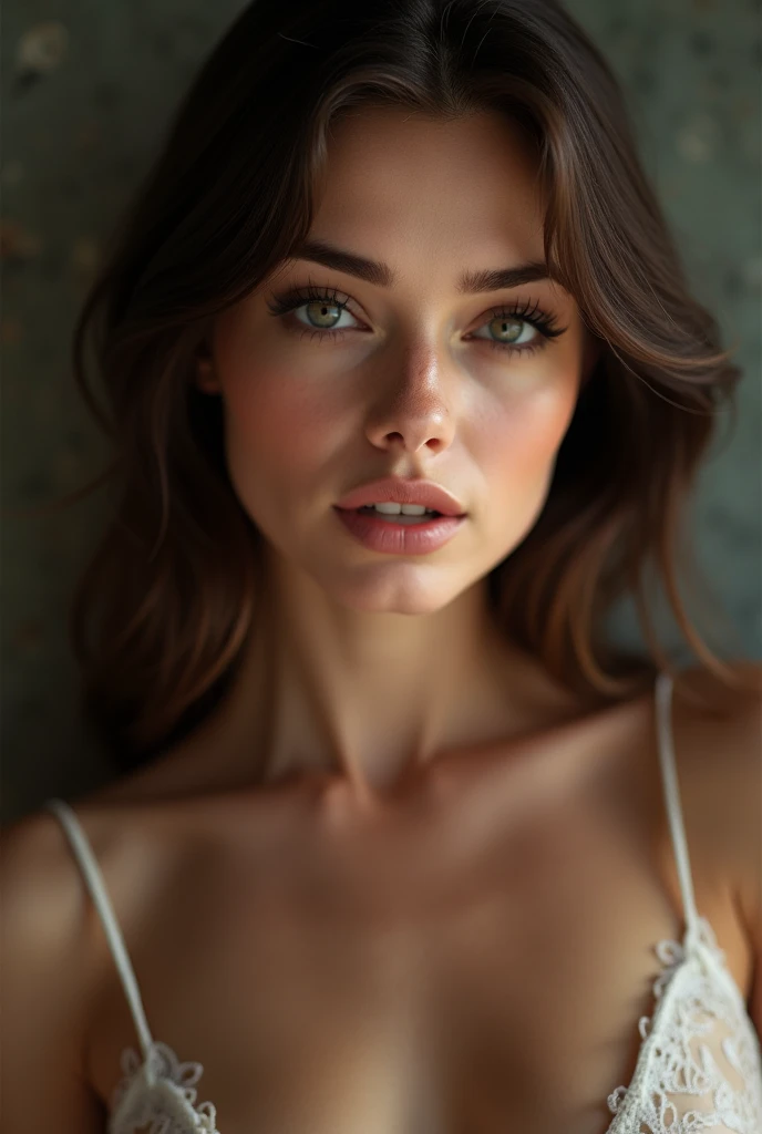 Pretty Lady,, dark make-up, Hyper detailed photography, smooth light, head and breast portrait, cover,, best quality, (detailed beautiful face, detail skin texture, ultra-detailed body:1.1) brown hair, blue Eyes, 18 Years Teen, naked, iphone picture, perfect lighting, cum on her tits