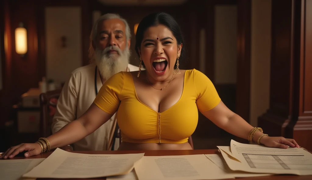 Make it real, realistic, savita bhabhi, yellow saree, deep navel, cleavage, black blouse