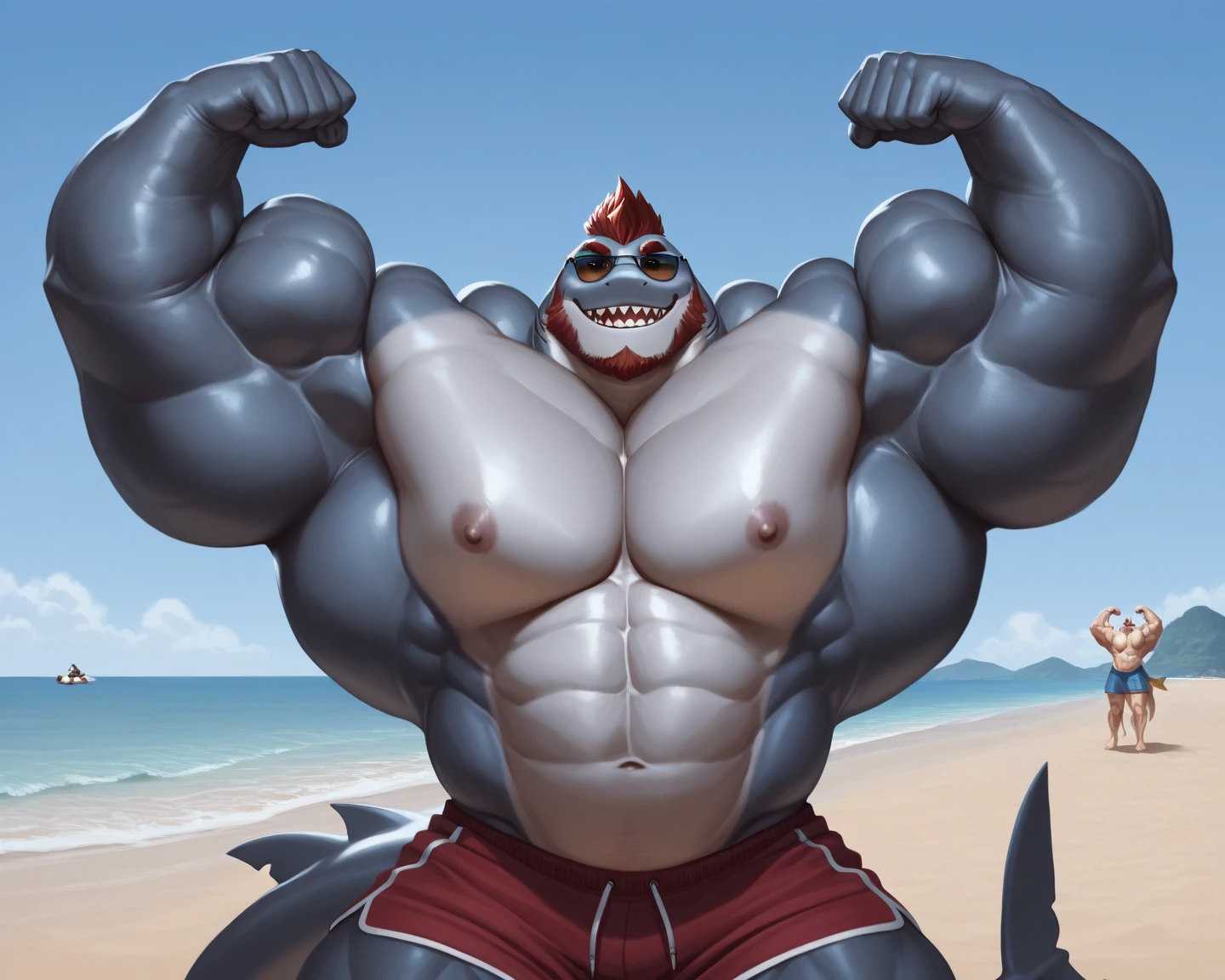 Alone, male people, (((Muscular, many members of the public, humongous large breast, strong, humongous large breast, floods, immensity, biceps, chest muscle))), Eternal, Dragon Man, Black belly,Blue skin,white horns,((Raise your left leg,Exposing black flesh pads,Pad facing forward)),large bulge, swim trunks,Huge biceps, large pecs, strong, humongous large breast, Wide, thick, gym room,convex, Detailed crotch,Hairy underarms,sexy for,Rendering meat pad,Nice meat pad,macro,immensity,(((Swimming trunks exploded))),((Support the chest muscles with both hands)),((Detailed erection 2.0)),Stick out your tongue,gasps,((Detailed erection outline 3.3))