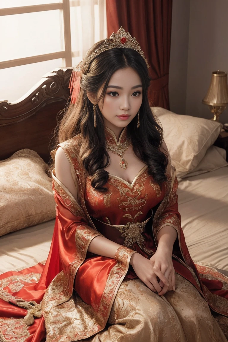 Top image quality,movie camera,Young and beautiful princess in the Chinese royal palace,Wearing a gorgeous red Chinese kimono,Ancient Chinese gorgeous hair ornament on head,Red Ancient Chinese Elegant Shoes,Live in China's ancient royal palaces,Relax in the bedroom,Full body portrait,Stylish art,low angles,Detailed face,Happy,You can see beautiful feet.,a closeup,