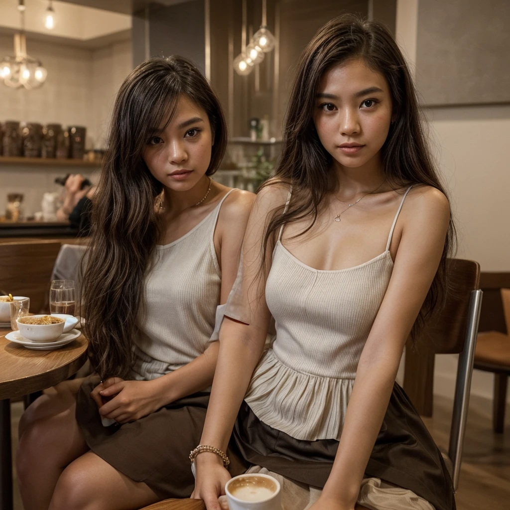 beautiful real girl, british, in the cafe, crowded cafe, black bra,Tank Tops:1 in random color.2、Short jeans、in a cafe、coffee on table、Exposed cleavage