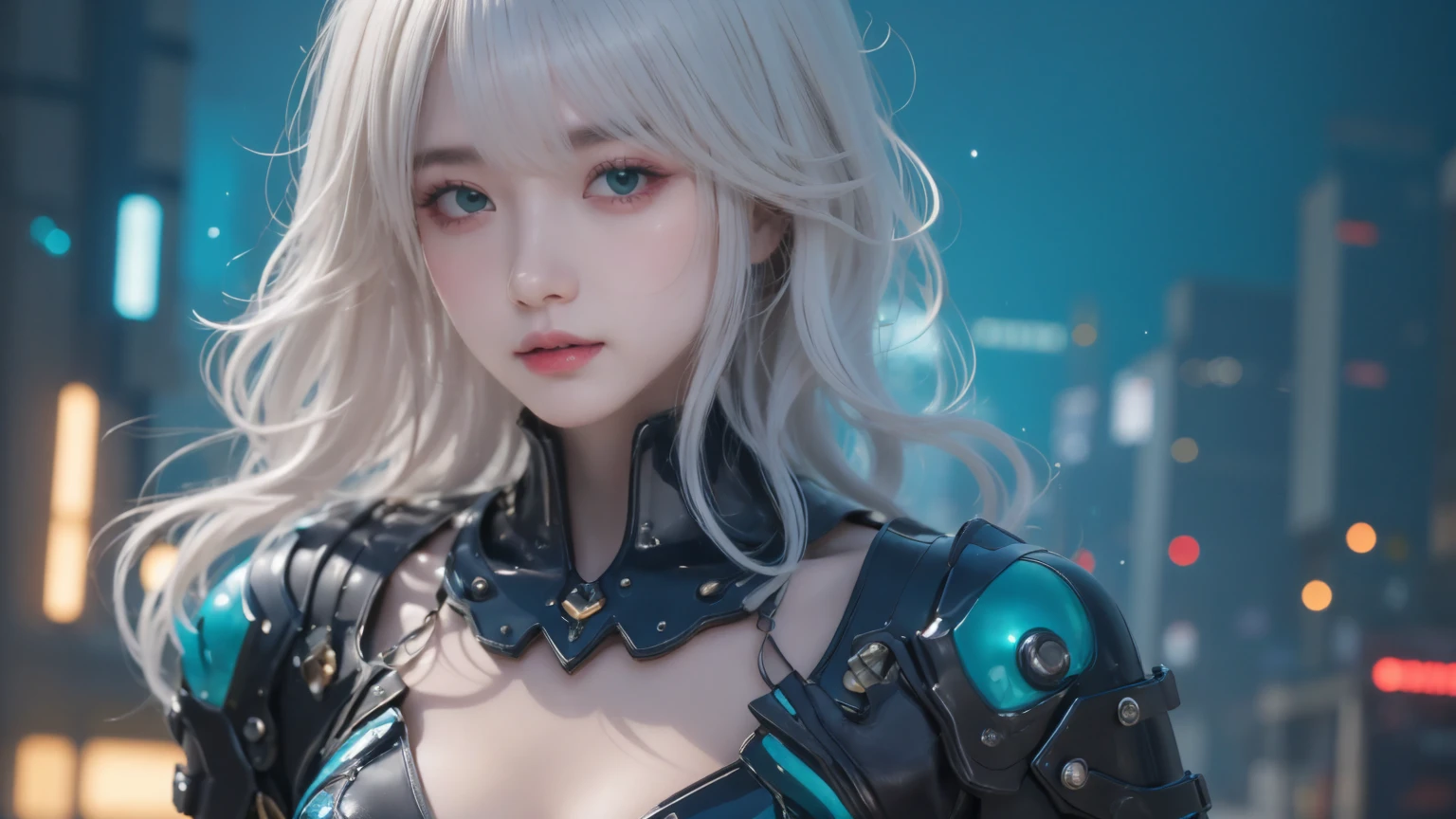 white hair、long fluttering hair、strong breeze、Orange Eyes、radiant eyes、Steampunk Girl、Colossal 、The face and chest are alive、Cleavage is visible。photoRealstic、portfolio、Gundam-style metal mecha suit、Combat cyborg、Steampunk detailetalic、detailed mechanical components、Bundle of thin tubeetal cylinder、Detailed neon、Fine LED、Fine parts