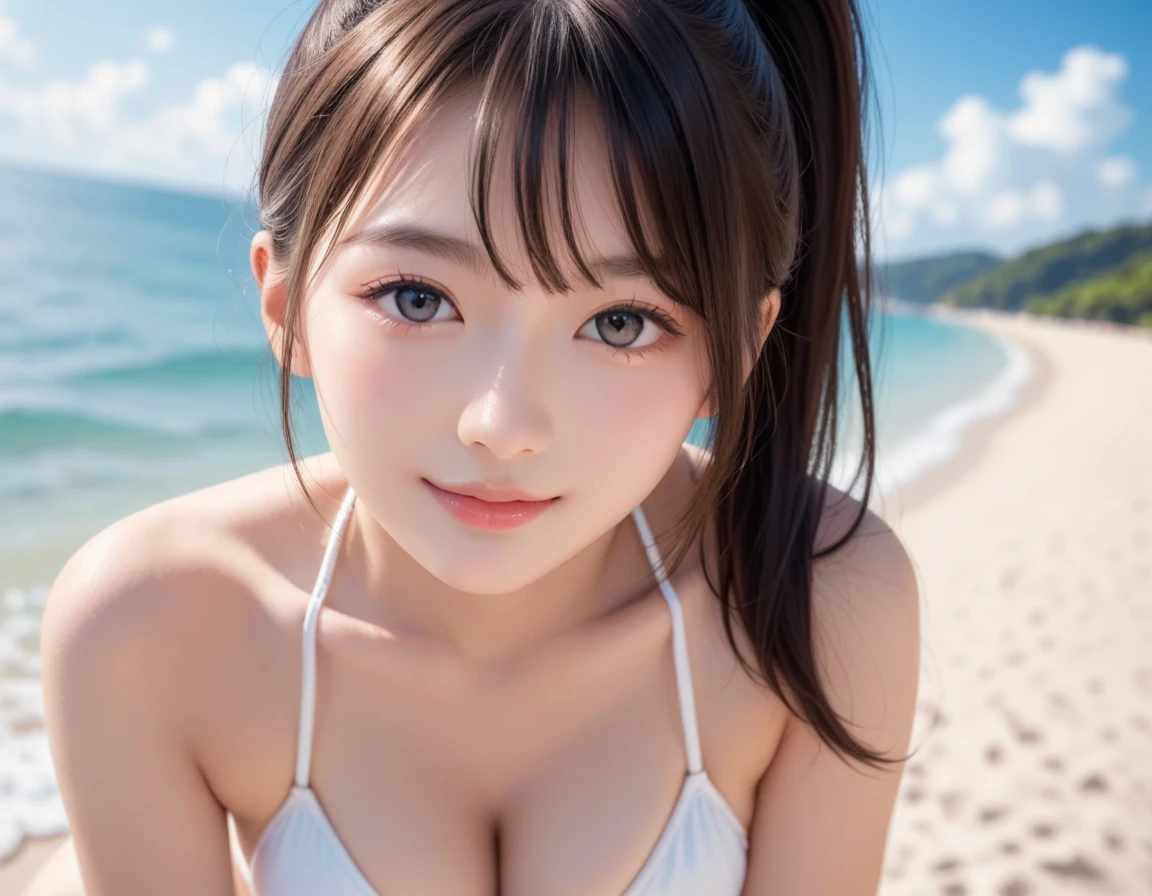 Above the knees photo、(((lips are closed)))、(((I keep my mouth shut)))、(((20-year-oldの日本人女性が中央に一人)))、Very sexy poses at random、Random very sexy facial expressions、 (8K、highest quality、Mastepiece:1,2)、(Real、フォトReal:1.37)、Super Detail、One Girl、)、(Very detailed)、(Beautiful detailed eyes)、(highest qualityの)、(Super detailed)、(Mastepiece)、(Detail face)、20-year-old、1 person girl、Black Hair、Twin tails、Big Breasts、Upper Body、looking at the camera、Beach、sunny、Sweaty, shiny skin、Skin that shines white with sweat