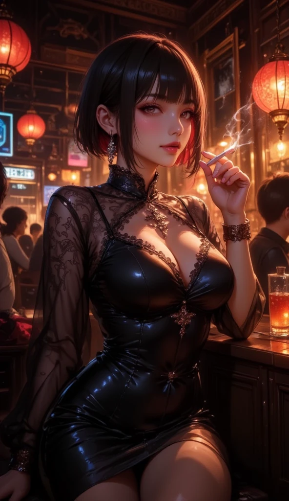 Portrait of Abigail: Attractive woman with short black hair, sitting at the bar in a nightclub. Wearing a black leather suit、This masterpiece is of the highest quality, Very detailed, Best for 8k HDR wallpapers. Featuring cinematic lighting with sharp focus and exquisite detail.Sexy proportions、Tight waist、Silver Hair、Beautiful nape、Perfect figure
