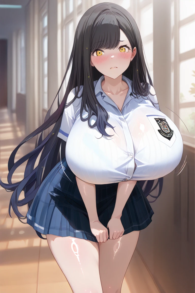 Muscle Girl,, Huge breasts,, blue eyes, pants,Vest, black hair, high ponytail, respite,sweat,Expressionless