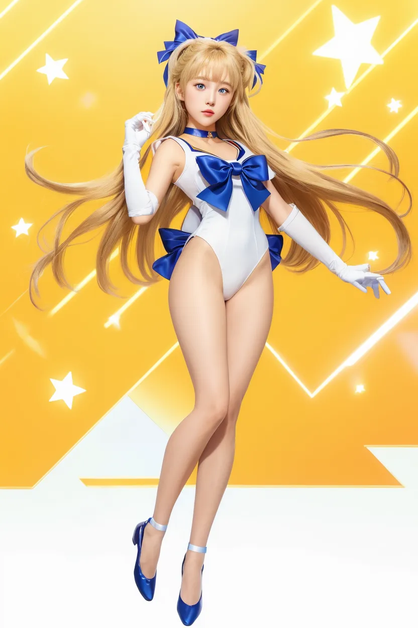 (Best Quality, Ultra High Resolution, Masterpiece, RAW Photo, Realism: 1.6), 16K, ((Sailor Moon Sailor Moon Costume: 3)) from Sailor Moon, (1girl with open navel), (huge: 2, thick thighs: 3), (blue miniskirt: 2, long white blonde hair: 1.8, white stockings, mature smile), sitting on white background