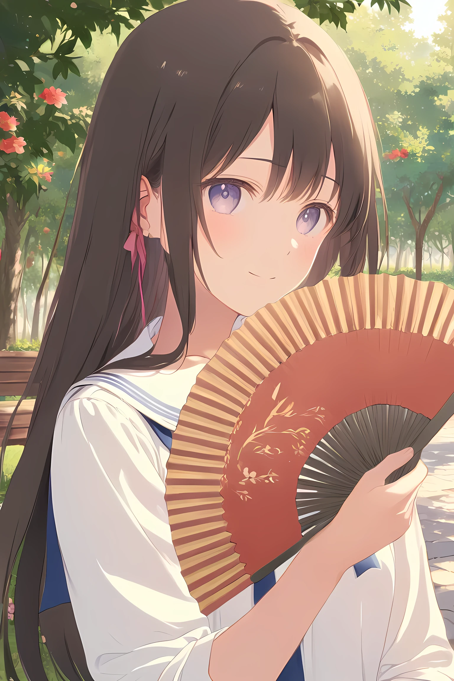 Anime-style portrait of a graceful, confident high school girl with short, neatly styled dark brown hair and calm, intelligent eyes. She wears a pristine white sailor-style school uniform with navy blue collar trim and a soft pastel ribbon. Her posture is straight and poised, exuding the aura of a noble-born young lady. Her expression is serene yet assertive, subtly smiling with a composed and confident look. In one hand, she elegantly holds a traditional black-and-red folding paper fan , partially covering her lower face.

The background is a sun-drenched Vietnamese school courtyard in summer, filled with blooming red phoenix flowers (hoa phượng) scattered on the tiled ground and gently drifting in the breeze. Old yellow school walls and green wooden shutters add nostalgic warmth. The sunlight filters through the leafy canopy of the phượng vĩ trees, casting dappled shadows over the girl and her surroundings. A few students in the far background walk beneath the trees or sit on stone benches.

Rendered in highly detailed anime illustration style, combining clean cel shading with soft ambient light. Inspired by shoujo manga, Makoto Shinkai color palettes, and light novel cover aesthetics. 4K resolution, soft glow, rich summer tones, elegant character design.
