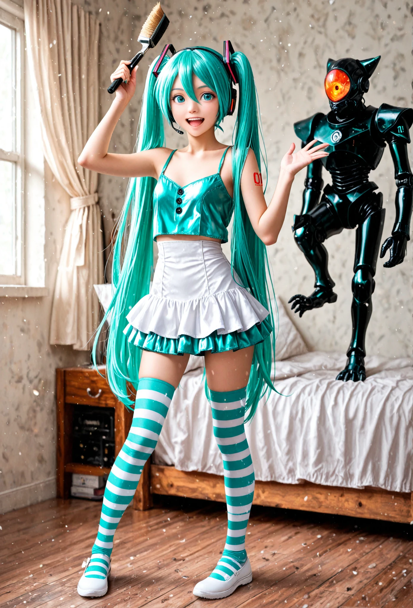 Floor-to-ceiling windows in the living room on the 180th floor of the Shanghai Tower door，Two little girls in openwork translucent stockings holding toys，Pout，Pink double-tailed hair and cyan eyes，Anime little girl in servant costume
