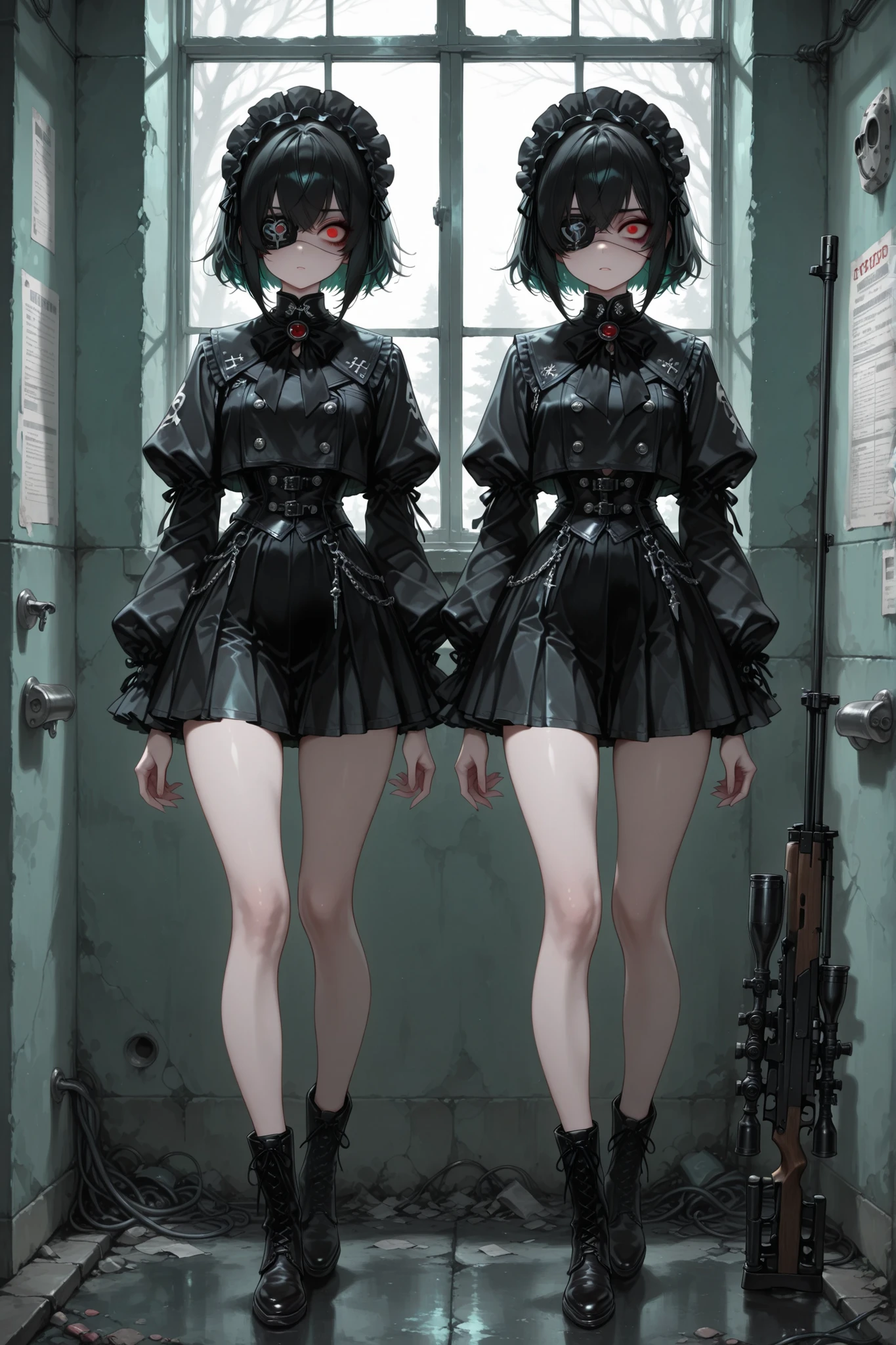 A sexy and charming girl in a broad black hat stands near a windbreak window, Eye patch,Sniper Girl, 17th century clothing mixed with 21st century clothing, short skirt, vulgar and vulgar second person, Psychosis, psychiatric abandoned hospital, double personality , two-person headdress good and evil, body view , full length, in the hands are looking at each other,