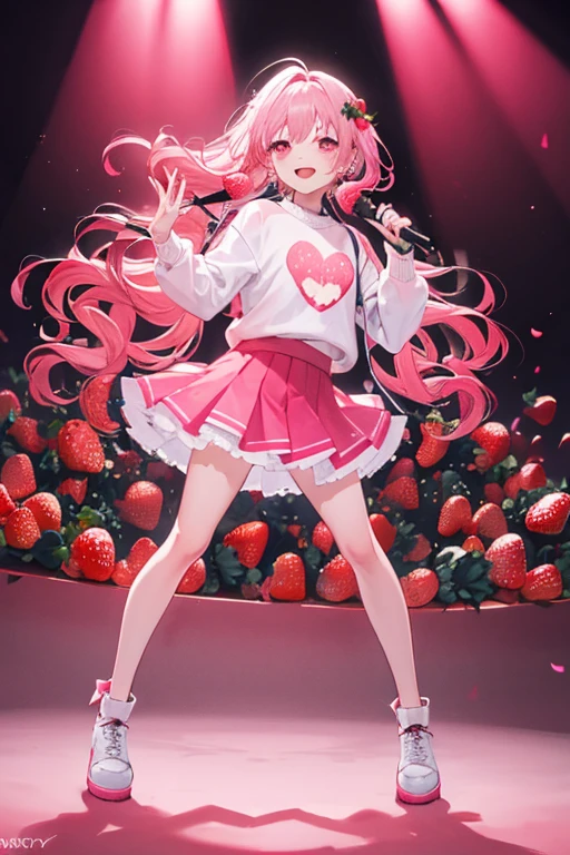A cute fit 18 year old woman with long black-to-blue gradient hair, bright and reflective blue eyes. white spaghetti fit shirt. pink hair, fair skin, and long, beautiful legs that match her red shoes. She was wearing a knee-length, see-through red-white dress. She stands in the White background Studio. She is holding banana, full body 4k, Front view.