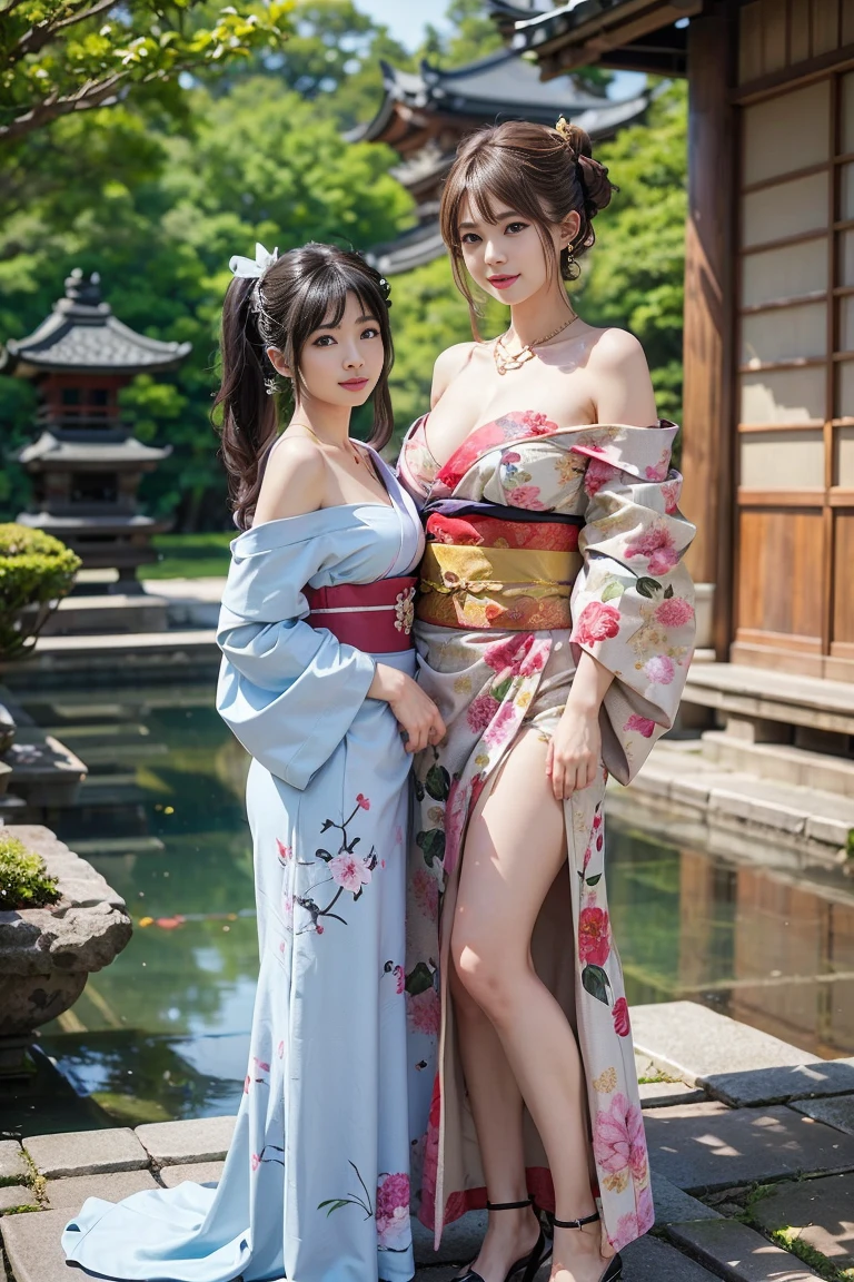 NSFW、最high quality、high quality、best image quality、8K、最High resolution、High resolution、最high quality、masterpiece、Depth of object being written、RAW photo、group photo、realistic atmosphere、(detailed face)、(fine hands、thumb１reference４)、(beauty of japan )、very nice face、cute face、((beautiful japanese girl))、(日本people々woman), ((multiple girls))、((girls hugging each other２people々))、((18 year old beautiful girl))、(glossy black hair)、(straight long hair)、(ponytail)、whole body、slim style、(shiny skin)、(Fair skin, Glossy skin)、本物のpeople々the skin between、リアルなpeople々body structure、perfect body， perfect face， perfect hands， perfect fingers， perfect lips， perfect eyes，perfect teeth、perfect background， perfect atmosphere， natural soft light、photon mapping、samurai kimono、maiko kimono、servant、geisha kimono、japanese kimono、Kimono up to the waist、short kimono、japanese traditional、((floral kimono(Sheer、sexy、transparent、erotic))、In front of a samurai residence in Japan、((random color floral pattern(samurai kimono、Hakama with long slit))