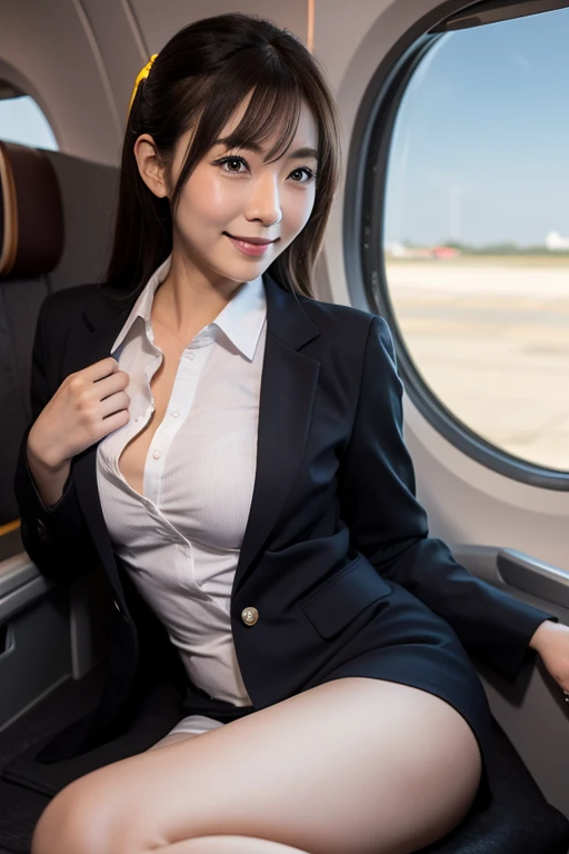 (8K, best quality, masterpiece:1.2), (realistic, photo-realistic:1.37), (high color saturation:1.0), (highly detailed skin), (highest quality:1.0), (ultra high resolution:1.0) ,(realistic:1.0), (Super detailed:1.0), (8K, Raw photo:1.1)、standing random pose, smiling, natural breast, perfect lighting, 3girls, 24years old, (mysterious), clear and detailed, ((ANA_Cabin Crew, blue flight attendant_uniform)), beige pantyhose, (aircraft, aircraft seats), cute face, tightskirt, ((no panties)), beautiful pussy, nsfw, ((skirt lift)), touching the crotch,