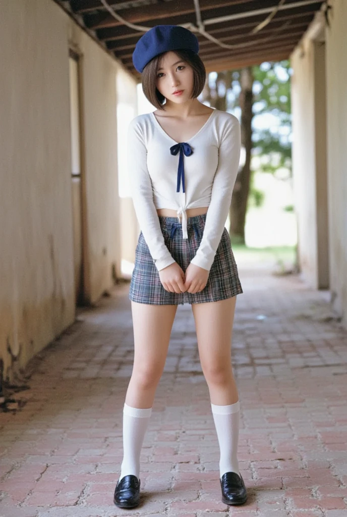 12 years old pretty girl、Cute Junior High School Student、NSFW、Super detailed、High resolution、transcendental beauty　highest quality、masterpiece、knee socks、Majimix Real、(RAW photo:1.2)、(Photoreal:1.4)、Beauty in the beautiful details、and delicate expression、On the roof of a building、blonde、(boyish:1.5)、blonde、brown hair、brown hairショートウルフヘアの髪、brown hairマッシュヘアの髪、((you can see me))(squat)、attach wristband、Winding a bandana、small earrings、eyelash、sparkling eyes、glossy lips、beautiful and detailed eyes、very detailed expression、Highly detailed face movie lighting、positive、((dynamic pose)))、(open stance))、(mini skirtがはだける:1.6), mini skirt、ripped shirt、boots, (Open the crotch and expose the pubic area:1.5), (Accurately represents the shape of the female genitals:1.5), (Detailed depiction of the labia minora, vaginal opening, Detailed depiction of the clitoris:1.5), (spread your legs wide:1.6), (small breasts、small breasts:1.5)、(No panties:1.3)、angle from below