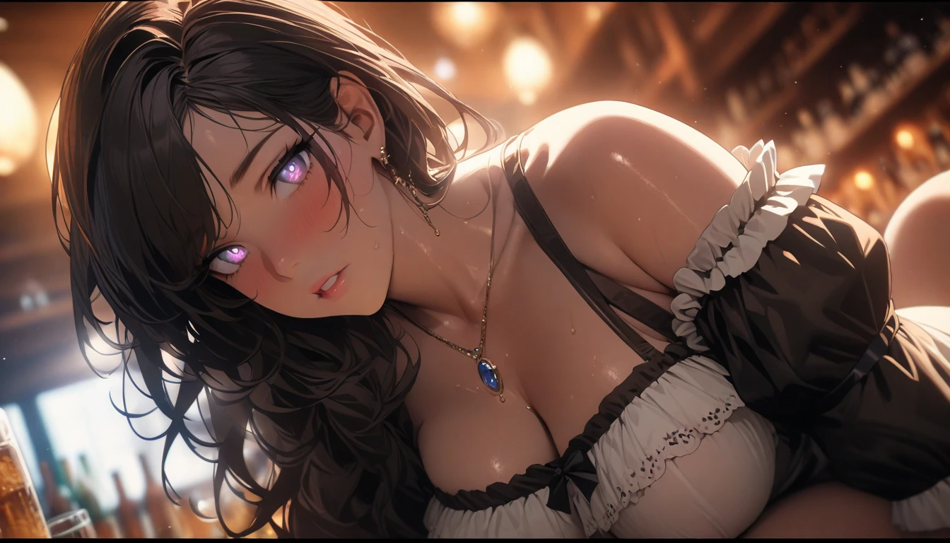 Kaori, Single model, solo, half Asian, half Latino, very long black hair in tight curls, freckles, blushing, wet eyes, long chain pendant, very large heavy breasts, chubby, belly, stretchmarks, silk gown (best quality,4k,8k,highres,masterpiece:1.2),ultra-detailed,(realistic,photorealistic,photo-realistic:1.37),detailed portrait, cinematic lighting, natural skin texture, intricate details, dramatic colors, moody atmosphere, seductive pose