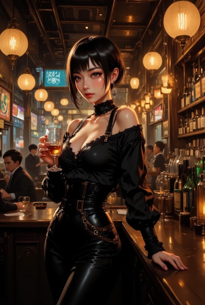((Raw photography,top-quality,hight resolution,Ray tracing,nffsw,Best Quality,Post-processing,portlate.3D,PureErosFace_V1:0.7,),(( Shiny dark red leather bondage outfit,golden luxury embroidery,Dark red BDSM,mistress,Bold figure,tight skirts,)))((((short hair hair,Emphasize cleavage,huge tit:4.0,Thin leg,Otto's eye,Elaborate depiction of limbs,a small nose,Have a perfect body,sleeveless,Full-body figure,high-heels,)))),((tthin eyebrows,long eyelashes,smil,二重まぶた,Vibrant eyes,looking down on viewers,red lipsticks,)),Create beautiful light effects on the background,Light Particle Filter,(finerly detailed face:1.3),chies,Sit on a chair and cross your legs,