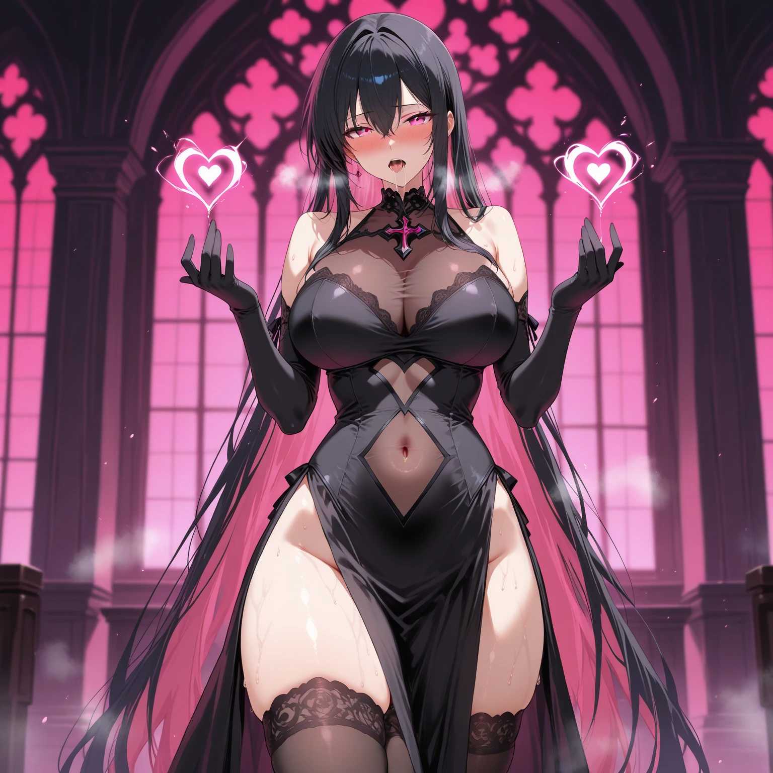 rosaria, rosaria, bags under eyes, hair between eyes, long eyelashes, multicolored hair, (purple eyes:1.1), purple hair, red hair, short hair, streaked hair, (small breasts:1.2), BREAK bare shoulders, breasts, elbow gloves, fishnet pantyhose, fishnets, gem, gloves, gradient, nun, red gemstone, skindentation, thigh strap, tiara, white gloves,lace,
BREAK looking at viewer,
BREAK indoors, church,benches, candles, fire,
BREAK (masterpiece:1.2), best quality, high resolution, unity 8k wallpaper, (illustration:0.8), (beautiful detailed eyes:1.6), extremely detailed face, perfect lighting, extremely detailed CG, (perfect hands, perfect anatomy),from below, full body.