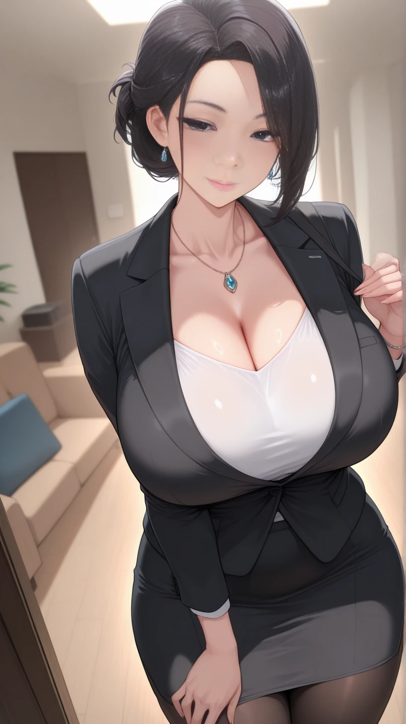 (8K、超A high resolution、The ultra -The high-definition、An ultra-high picture quality、Ultrarealistic、Best Quality、masuter piece)(a Pretty Japanese woman、Black hair short bob:1.1)(huge tit、toned body、big butts:1.3)(Officelady、White shirt、Gray jacket、Grey tight mini skirt、high-heels、Hide all breasts、Draw head-on、soio:1.28)In the office district、(Sit on a chair with your legs wide open to the side:1.48)Red T-back