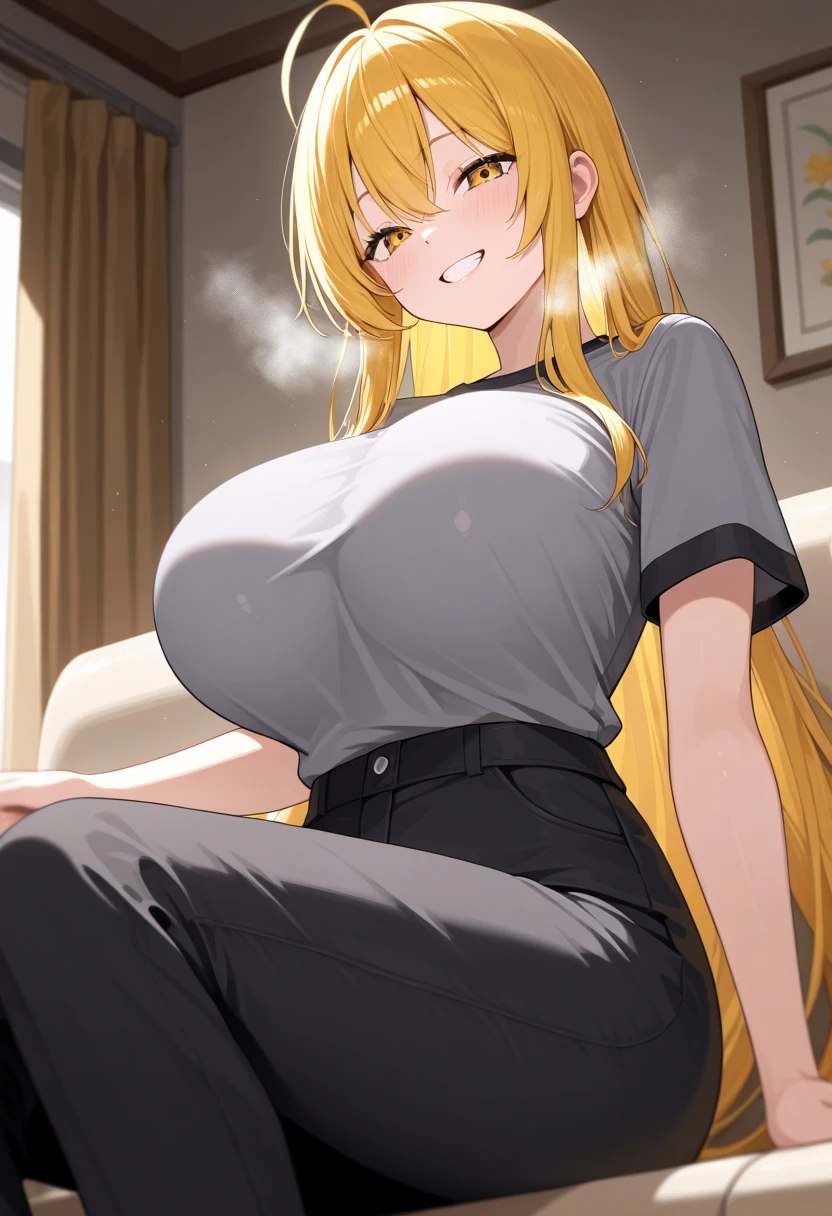 A girl with big tits, yellow hair, tight white leggings, and a black shirt