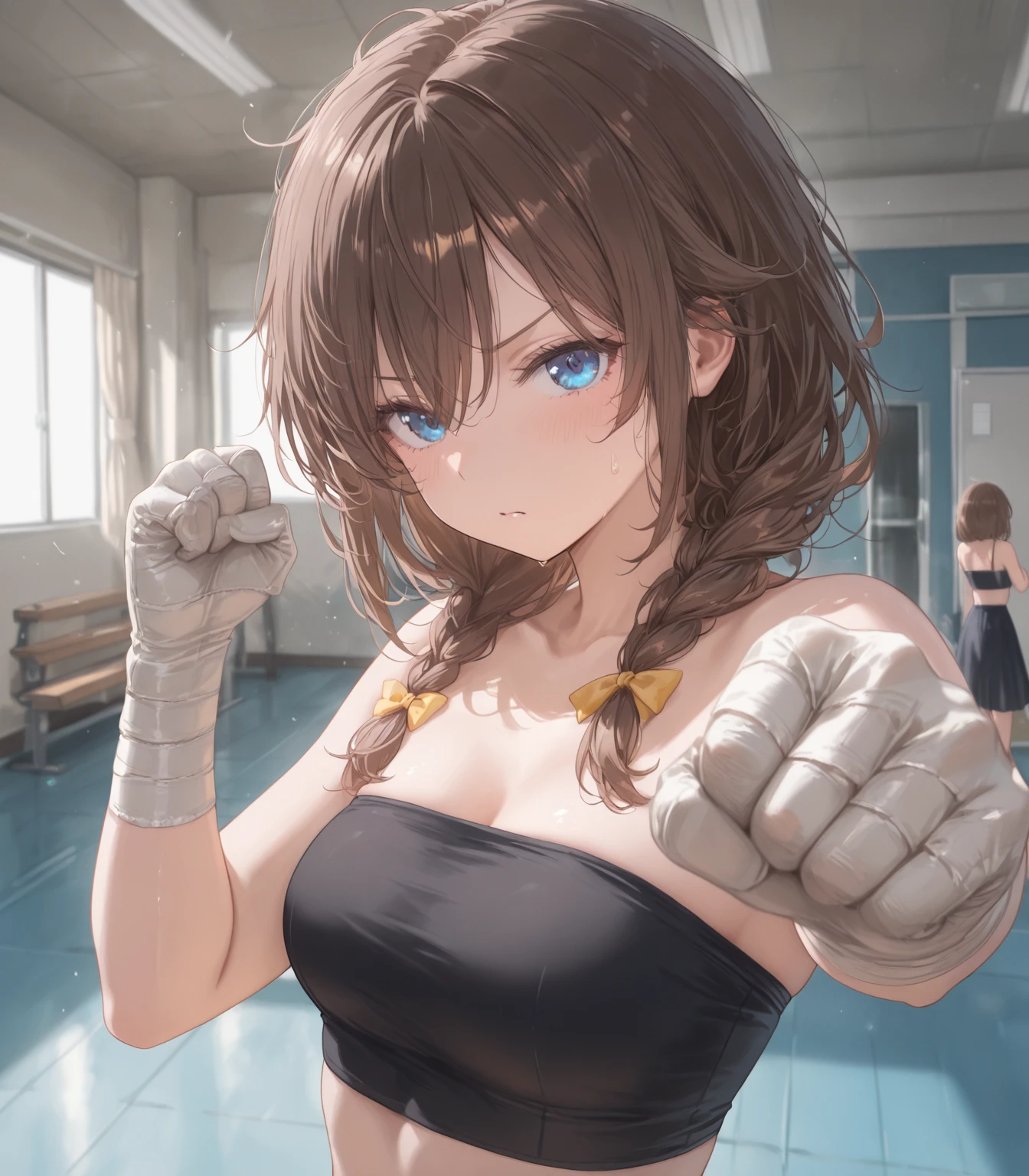 (absurdres, best high quality image, carefuly detailed features and textures, very detailed image, solo character alone, full character body and design): {{(1character: 20 years old human mage girl), (beautiful features, fair skin, medium straight light brown hair, green eyes, medium breasts, nice body), (light-blue wrestling outfil, light-blue wrestling bra, light-blue wrestling thong, light blue wrestling boots, light-blue wrestling gloves), (calm happy smile, relaxed expression), (wrestling gym)}}