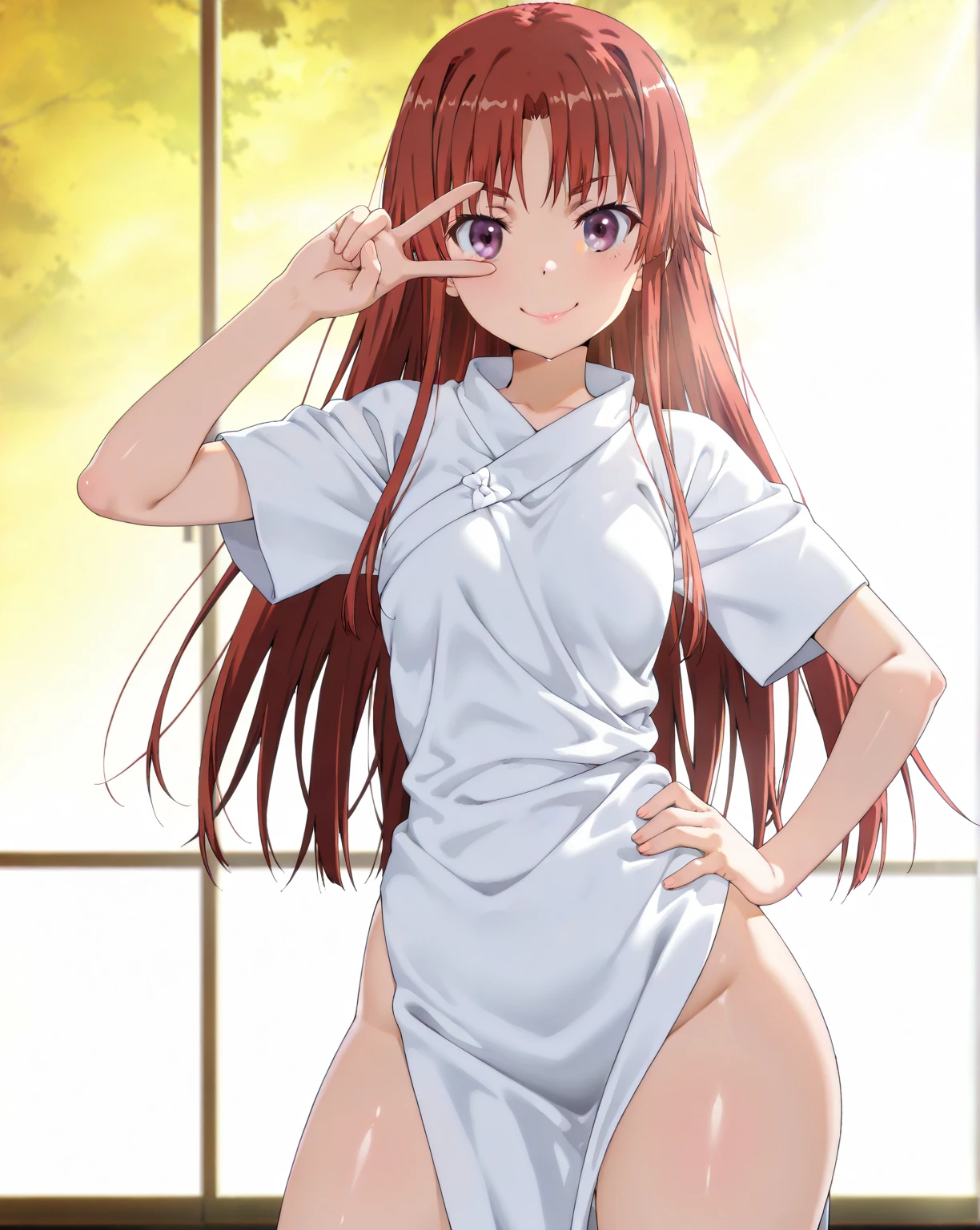 masterpiece, best quality, highres, chl1, 1girl, braided_ponytail, (ahoge:1.1), dress, , white dress, collared dress, collarbone, eyelashes, short sleeves, neck tassel, cafe, sitting, eat, table, food, bareankle barefoot baretoes barefeet baresole foot feet toes sole dirty dirt tied ropes golden lock tightly sitting ass foot bangles ankles bangles toes rings toe rings big toe rings little toe rings middle toe rings behind view
