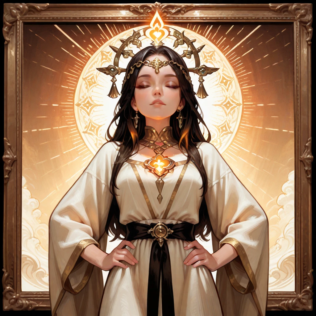 A woman meditates in front of a halo, red and gold style, Atjem, Ultra-high-definition images, gongbi, Vision, Mysterious mechanics, Queen Core