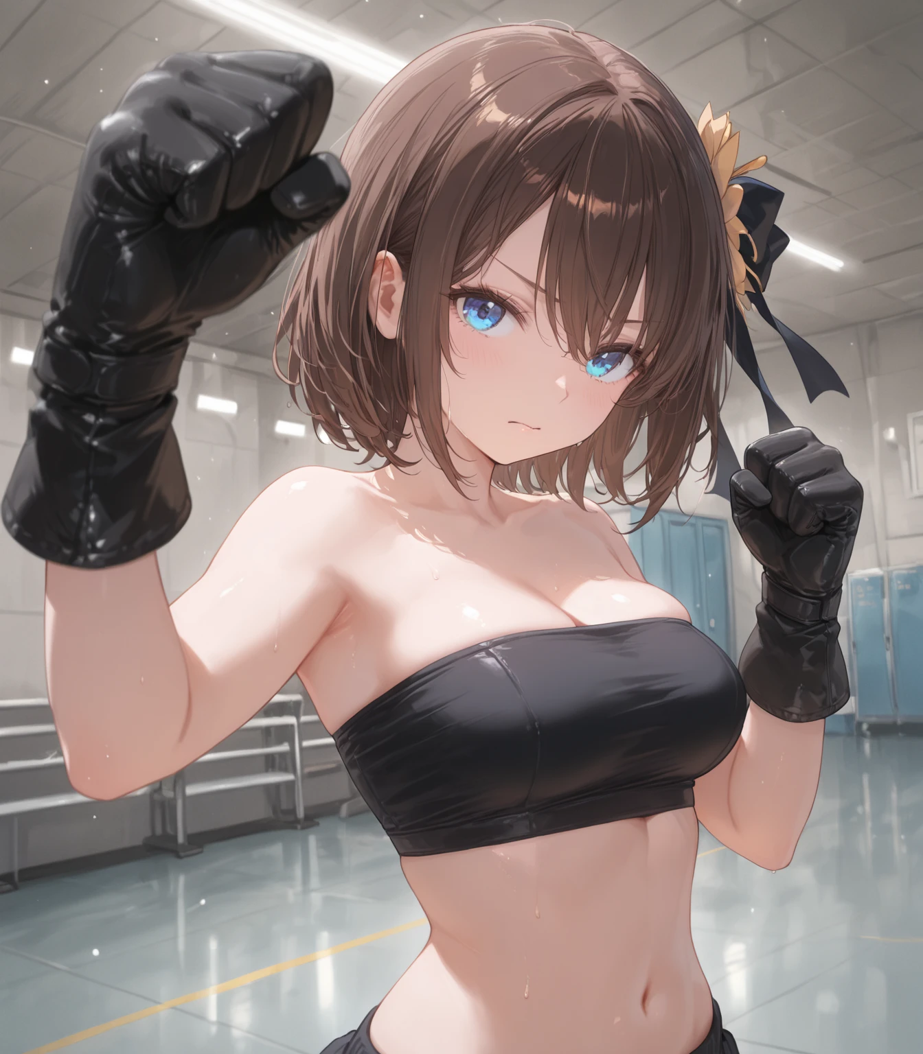 Masterpiece,Highest quality,8k,Ultra-high resolution,appropriate margins,lighting,BREAK,1 person,Very beautiful adult woman,Slim body,Very ample large breasts,Deep cleavage,Moisturized Skin,BREAK,Brown Hair,(Show your forehead),mascara,Red eyeliner,Light pink lip,Thin teak,Thick upper eyelashes,Thin eyebrows,BREAK,Black eyes,BREAK,Embarrassed,Shy smile,BREAK,short hair,BREAK,Red sexy underwear,first round,BREAK,Watching the audience