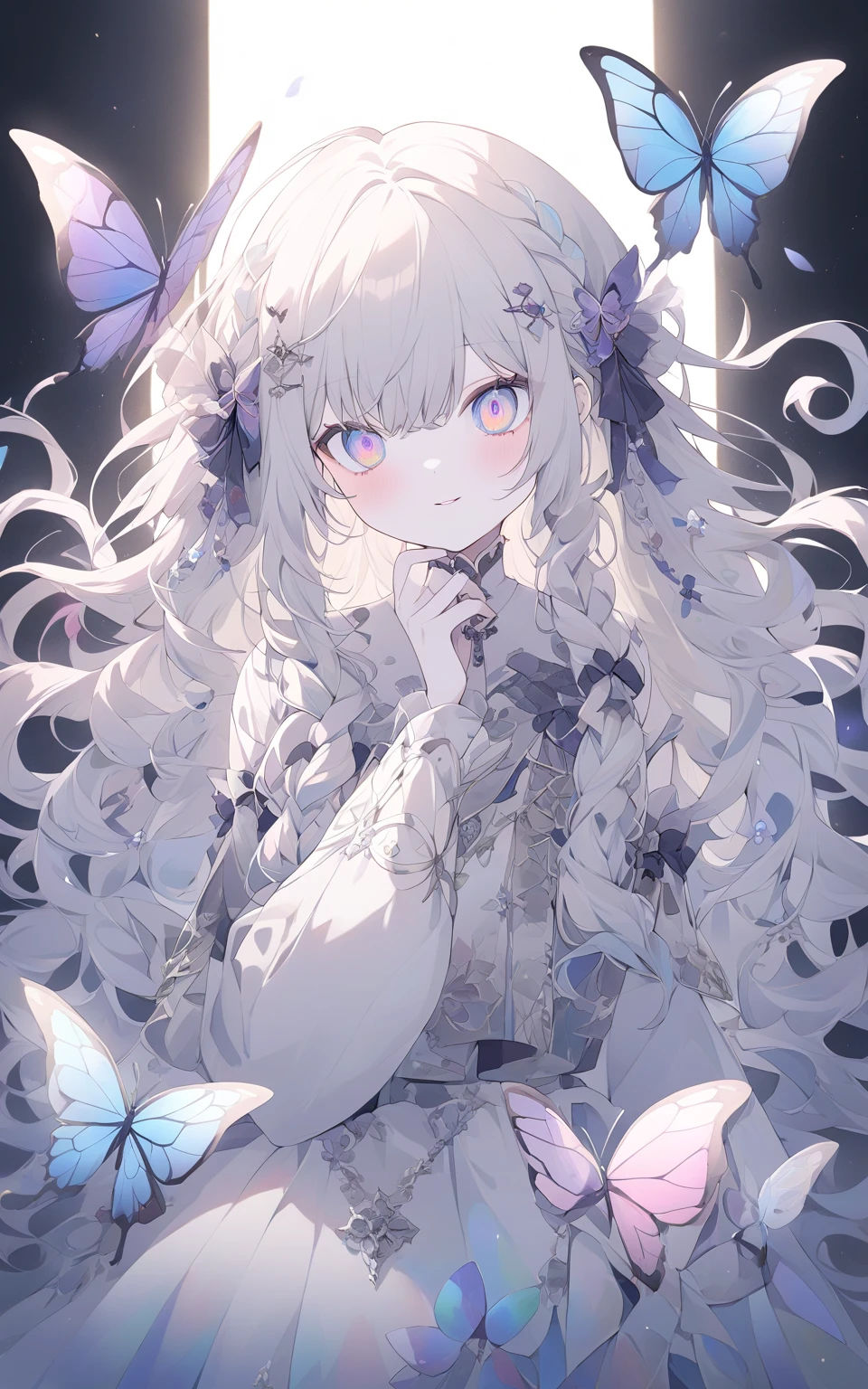 best quality,absurdres,anime coloring, animeflux, (animegao:1.2),(anime screencap:1.2), 
white background,
butterfly style, morning,( flooder lighting:1.1), kahuka1,yellow theme,bloom, mew, fireflies, lens flare abuse,lens flare,
1girl, white hair,white dress, long hair,white rose,purple eyes,white skin,hair flip,messy hair,
emilia \(re:zero\),
(portrait:1.2),upper body,close-up,(from aside below:1.1),
 <lora:EmiliaV2:0.3> <lora:butterfly:0.3> <lora:DIno:0.8>
