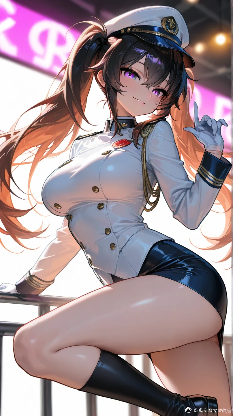 High detailed, 1 girl, solo, kashino, Brown hair, Green eyes, busty, plump round breasts, deep cleavage, firm chunky body, white shirt, , deep cleavage, Juliet sleeves, pencil skirt, black thighhighs, white gloves, hair ornament, tall, smiling