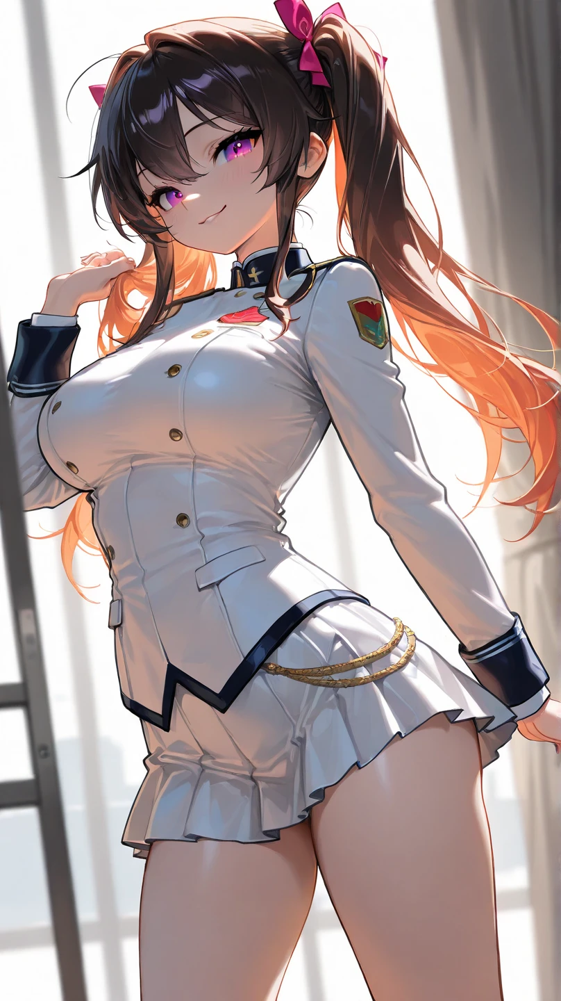 anatomically correct, best quality, masterpiece, high quality, high details, highres, HD, (shaded face:1.2), hollow eyes, red eyes, looking at viewer, smirk, upper teeth, pointy ears silver hair, blunt bangs, long hair, huge breasts, sagging breasts, sweating, "Photorealistic, Hyperrealistic, Hyperdetailed, analog style, soft lighting, subsurface scattering, realistic, heavy shadow, masterpiece, best quality, ultra realistic, 8k, golden ratio, Intricate, High Detail, film photography, soft focus, fantasy art, moon, full_moon, 1girl, breasts, skirt, solo, jacket, bangs, twintails, looking_at_viewer, thighs, red_eyes