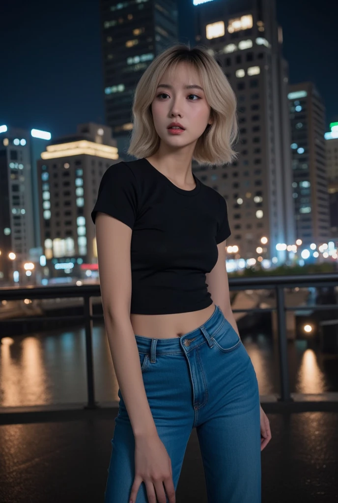 (8k, RAW photo, best quality, masterpiece: 1.2), (realistic, photorealistic: 1.37), 1 girl, Android 18 (Dragon Ball), female, Tokyo cityscape, night, professional lighting, photon mapping, radiosity