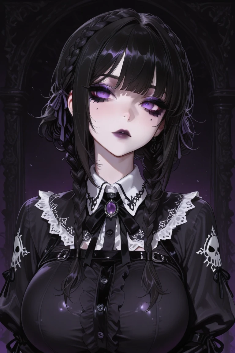 masterpiece, upper body, indoors,  1girl, solo, goth,  goth makeup, smoky eyes, eyeshadow, eyeliner, black lips, black lipstick, black hair, hair over eyes, indoors, mesh shirt, blush, blushing, purple eyes, purple contacts