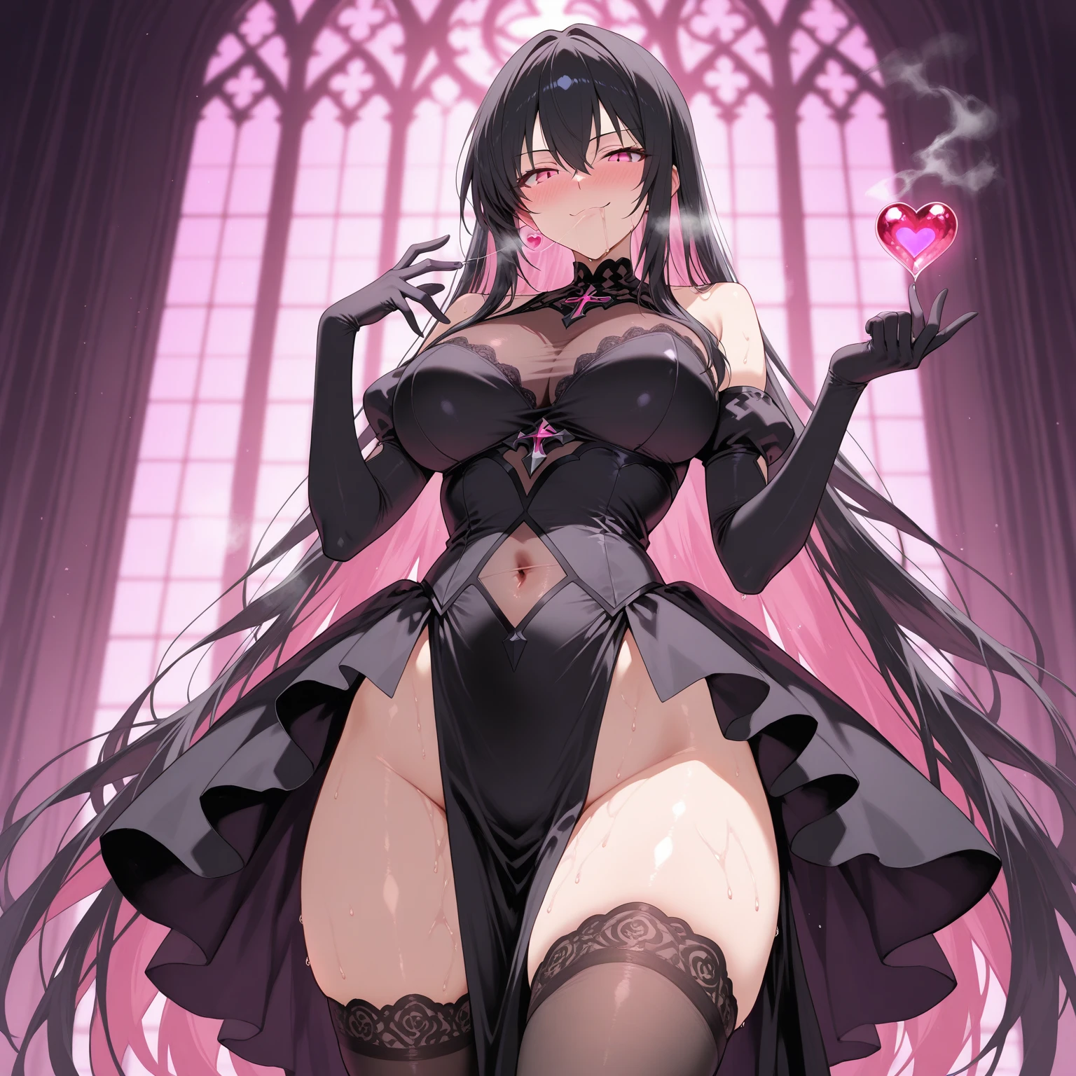 amazing artwork of sexy cute goth vampire woman, long hair, ahegao, materpiece, d, amazing lighting, in a church, artstation, award winning, stunning, aesthetic, depth, shading. A full shot of a beautiful vampire goth woman with vampire fangs, black hair white skin, big boob's, cinematic lighting, candle lit, wearing stockings, , naked, delicate nipples, soft tight pussy.Realistic, photorealism, 4k. Sexy gaze,