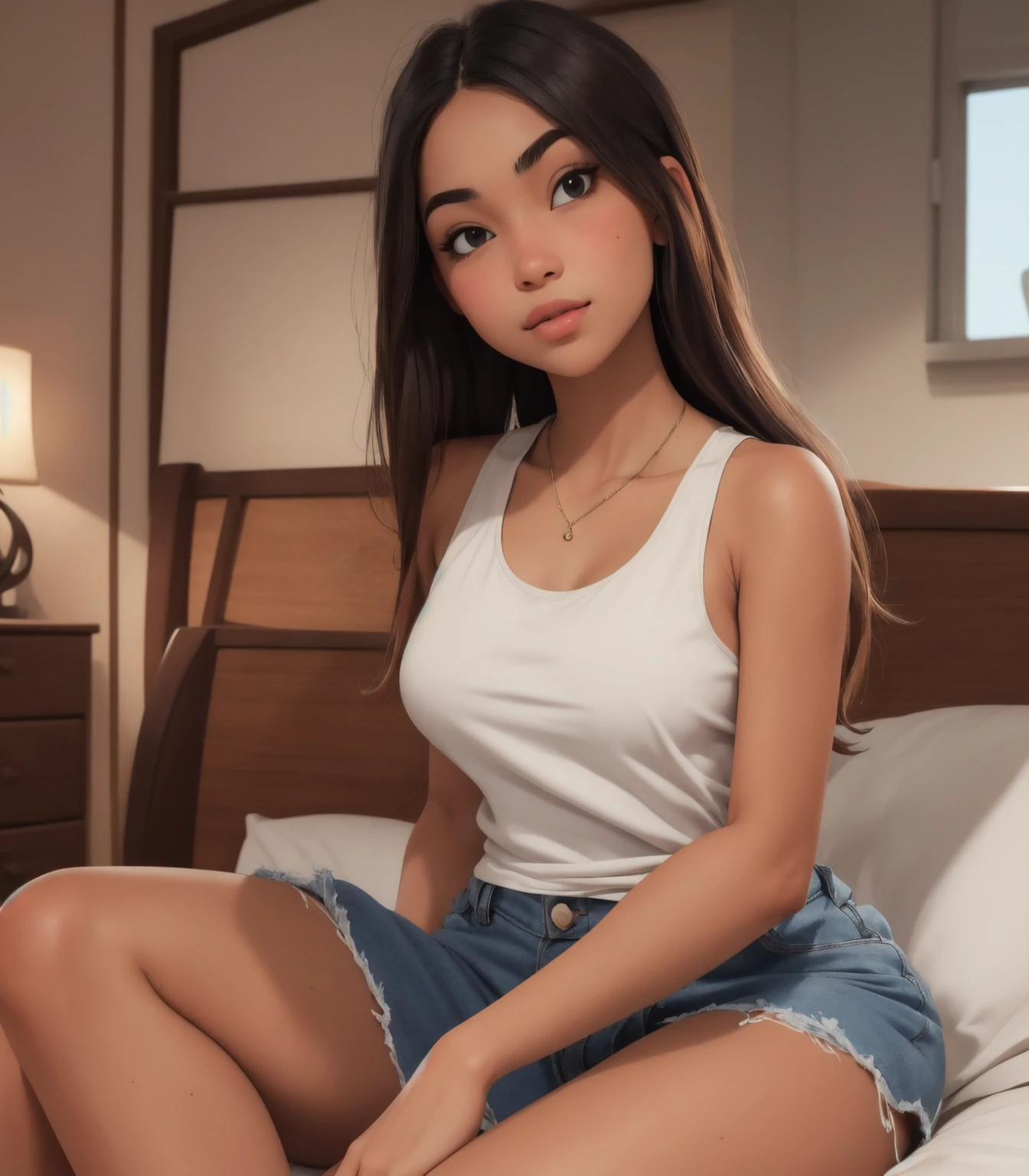 score_9, score_8_up, score_7_up, sfw,High Resolution, Anatomically Correct, Cowboy Shot, 1 girl,aheago,2 buns, (skinny body:1.1),((flat chest:1.2)), skimpy cropped t-shirt and mini shorts, white socks, bracelets, choker, sitting on the edge of her bed, cowboy shot, full body view